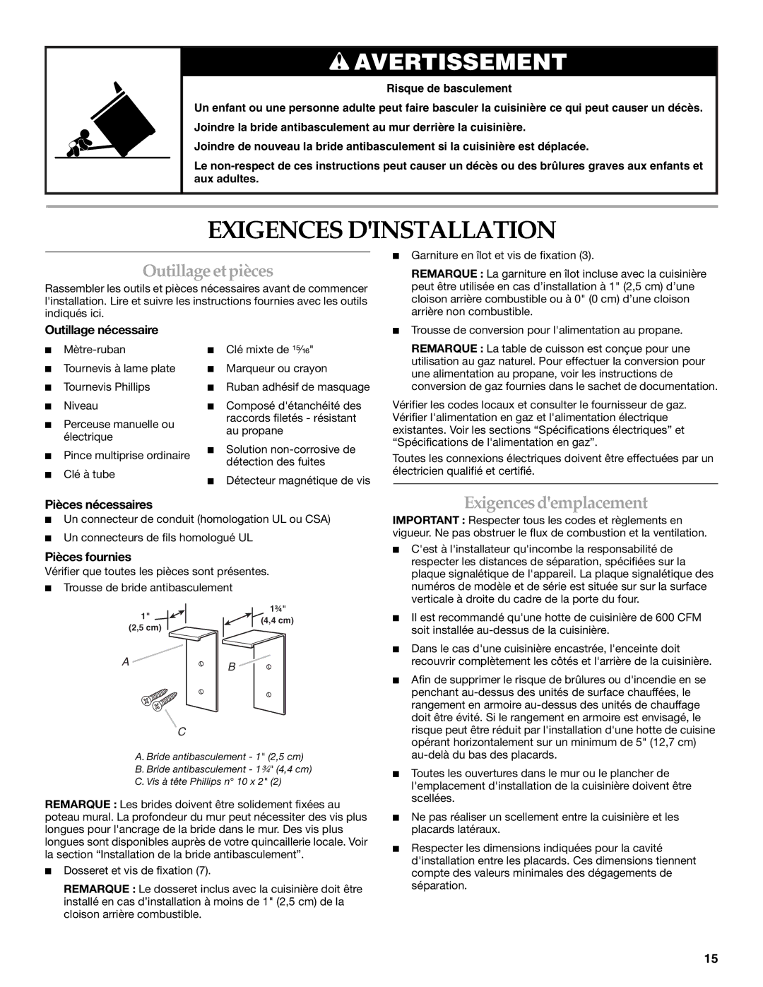 KitchenAid 9759536B installation instructions Exigences Dinstallation, Outillage et pièces, Exigences demplacement 