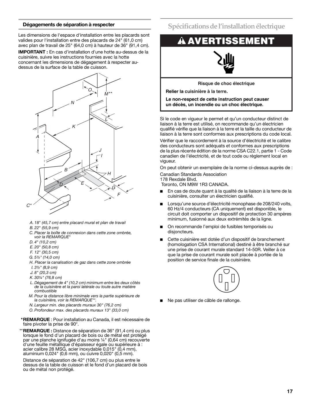 KitchenAid 9759536B Spécifications de l’installation électrique, Dégagements de séparation à respecter 