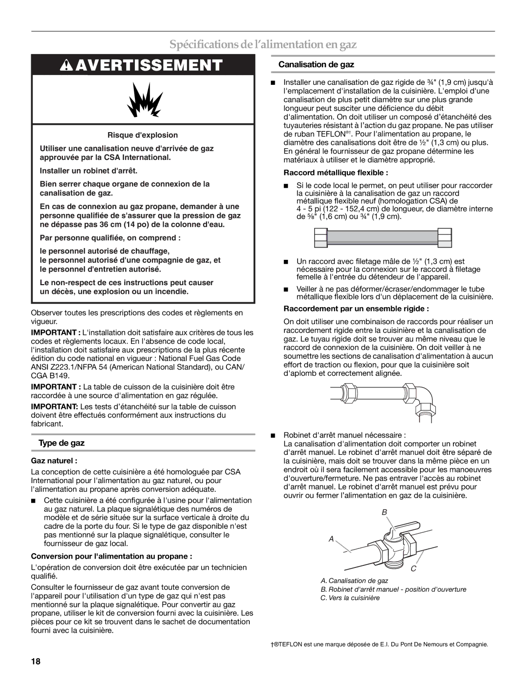 KitchenAid 9759536B installation instructions Spécifications de l’alimentation en gaz, Canalisation de gaz, Type de gaz 