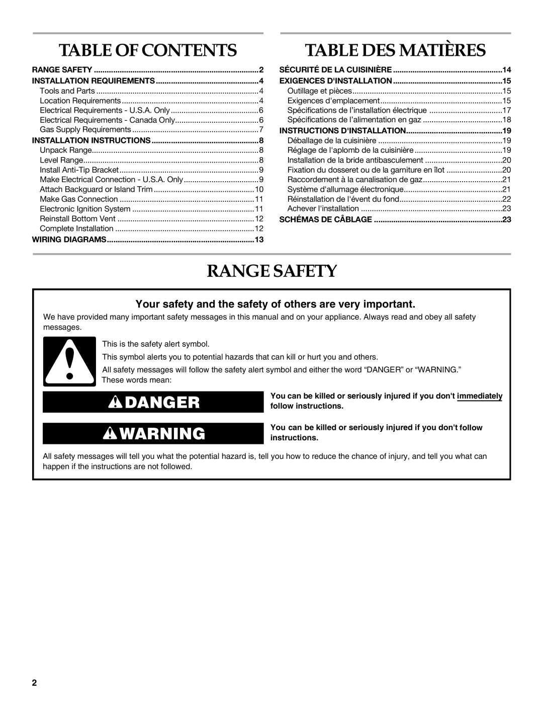 KitchenAid 9759536B installation instructions Table DES Matières, Range Safety 