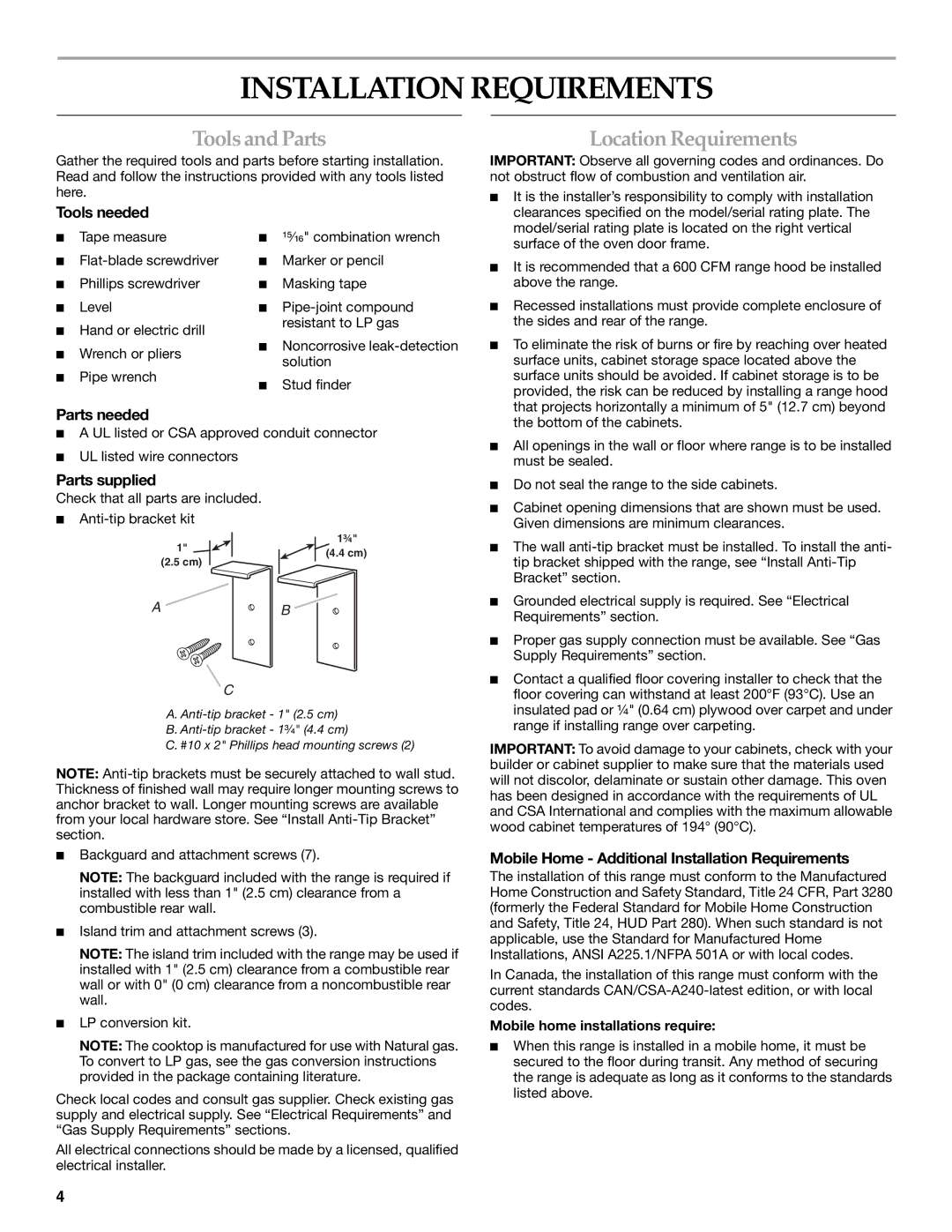 KitchenAid 9759536B installation instructions Installation Requirements, Tools and Parts, Location Requirements 