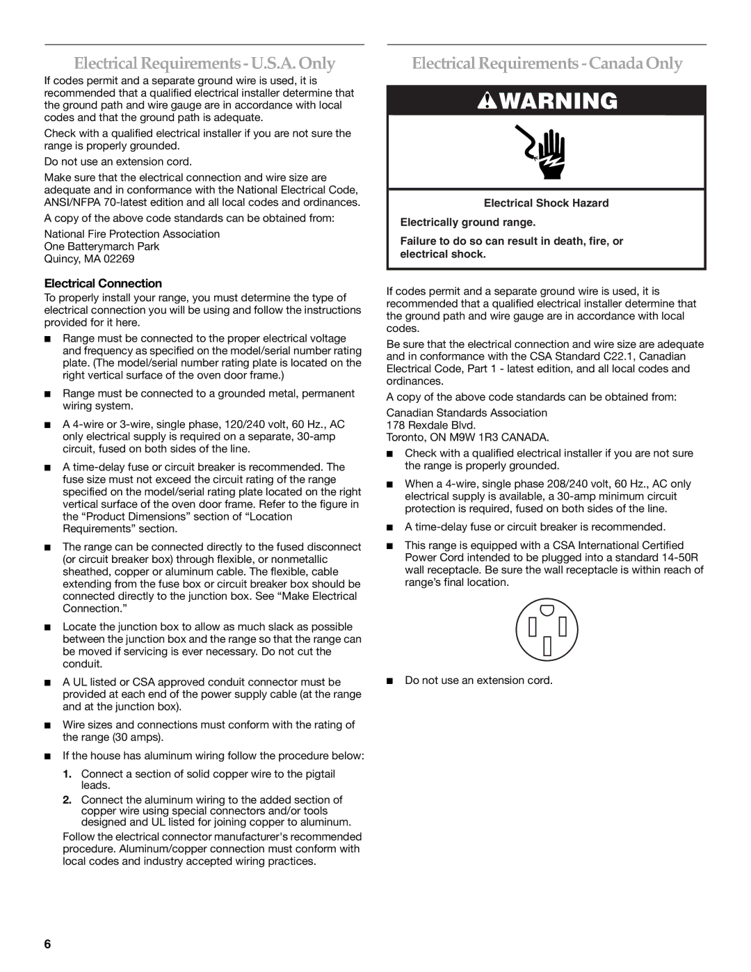 KitchenAid 9759536B Electrical Requirements U.S.A. Only, Electrical Requirements Canada Only, Electrical Connection 