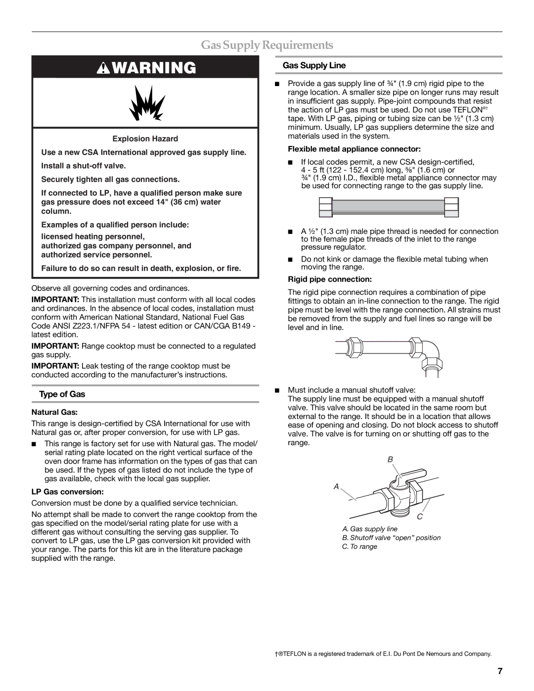 KitchenAid 9759536B installation instructions Gas Supply Requirements, Type of Gas, Gas Supply Line 