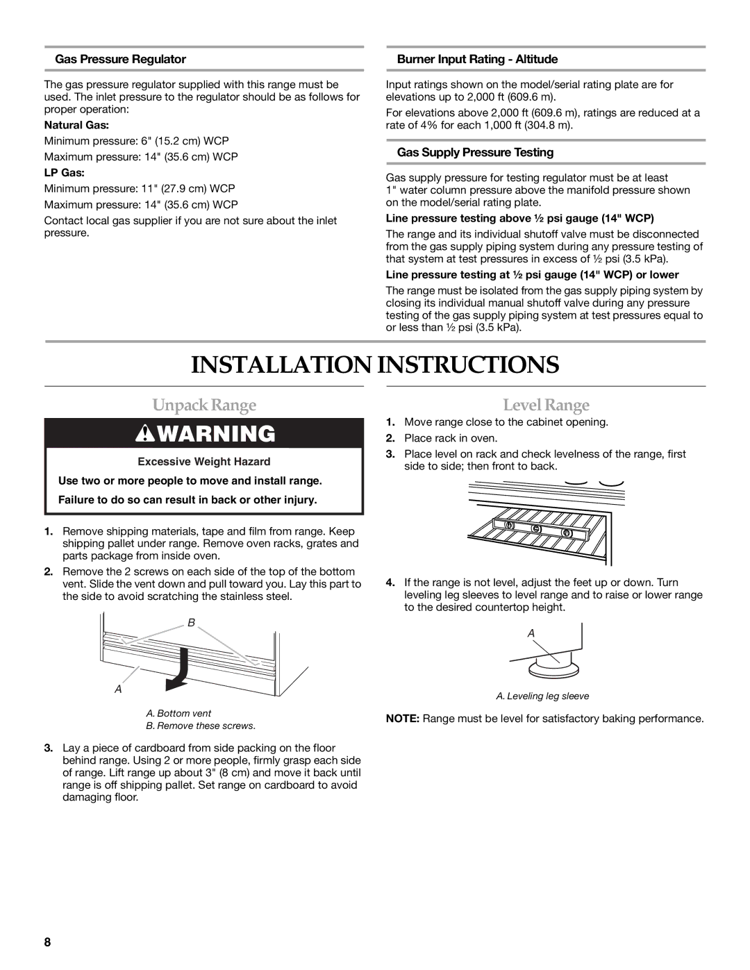 KitchenAid 9759536B installation instructions Installation Instructions, Unpack Range, Level Range 