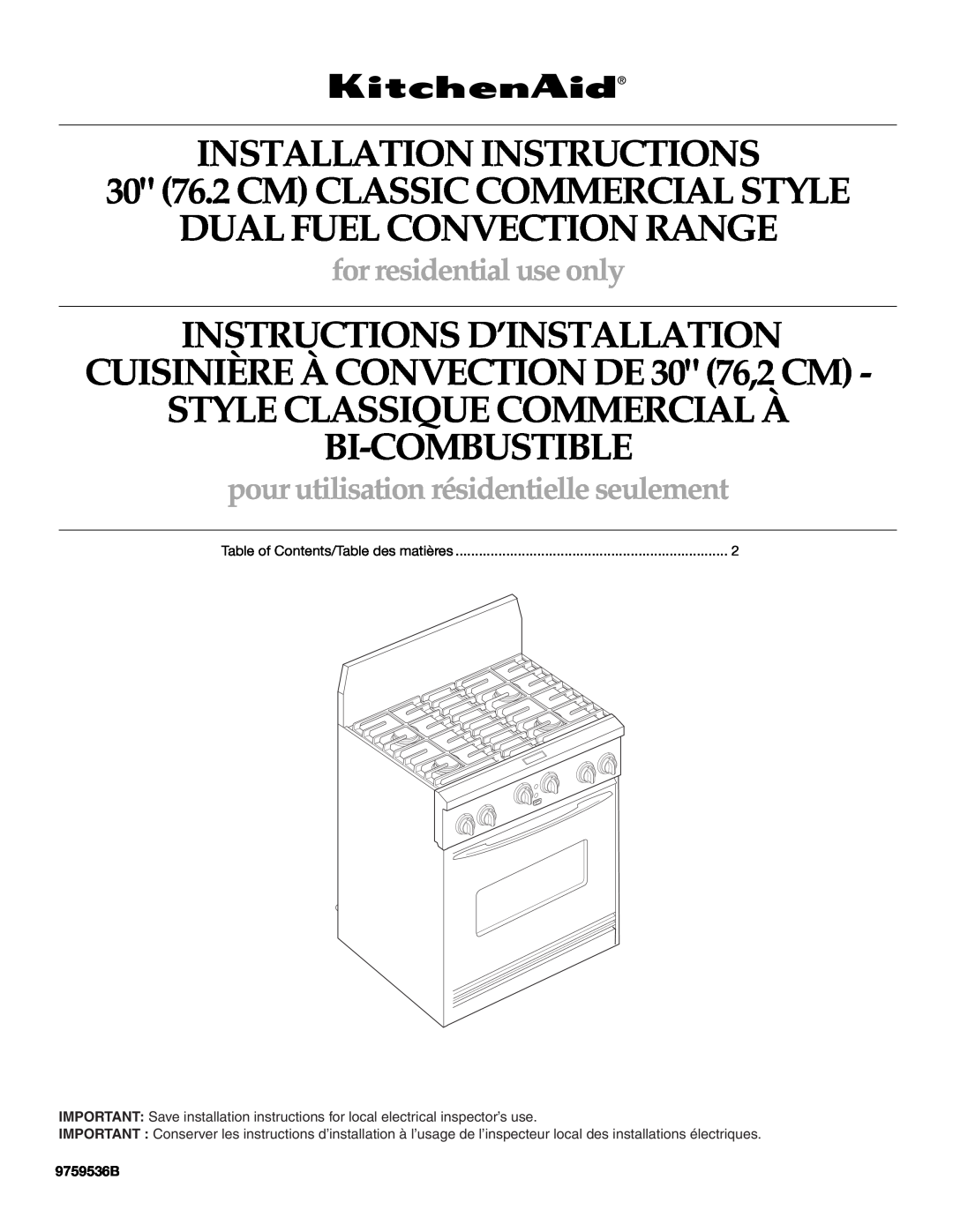 KitchenAid 9759536B installation instructions INSTALLATION INSTRUCTIONS 30 76.2 CM CLASSIC COMMERCIAL STYLE 
