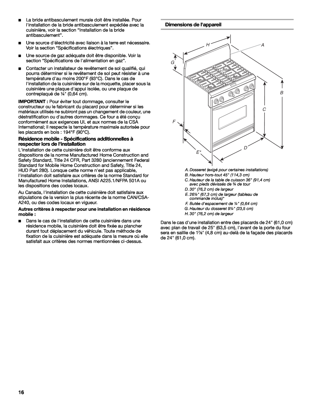 KitchenAid 9759536B installation instructions Dimensions de lappareil, H G F E, A B C D 