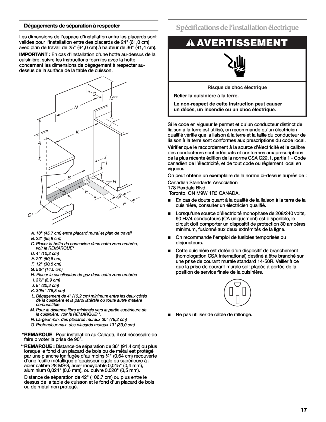 KitchenAid 9759536B Spécifications de l’installation électrique, Avertissement, Dégagements de séparation à respecter 