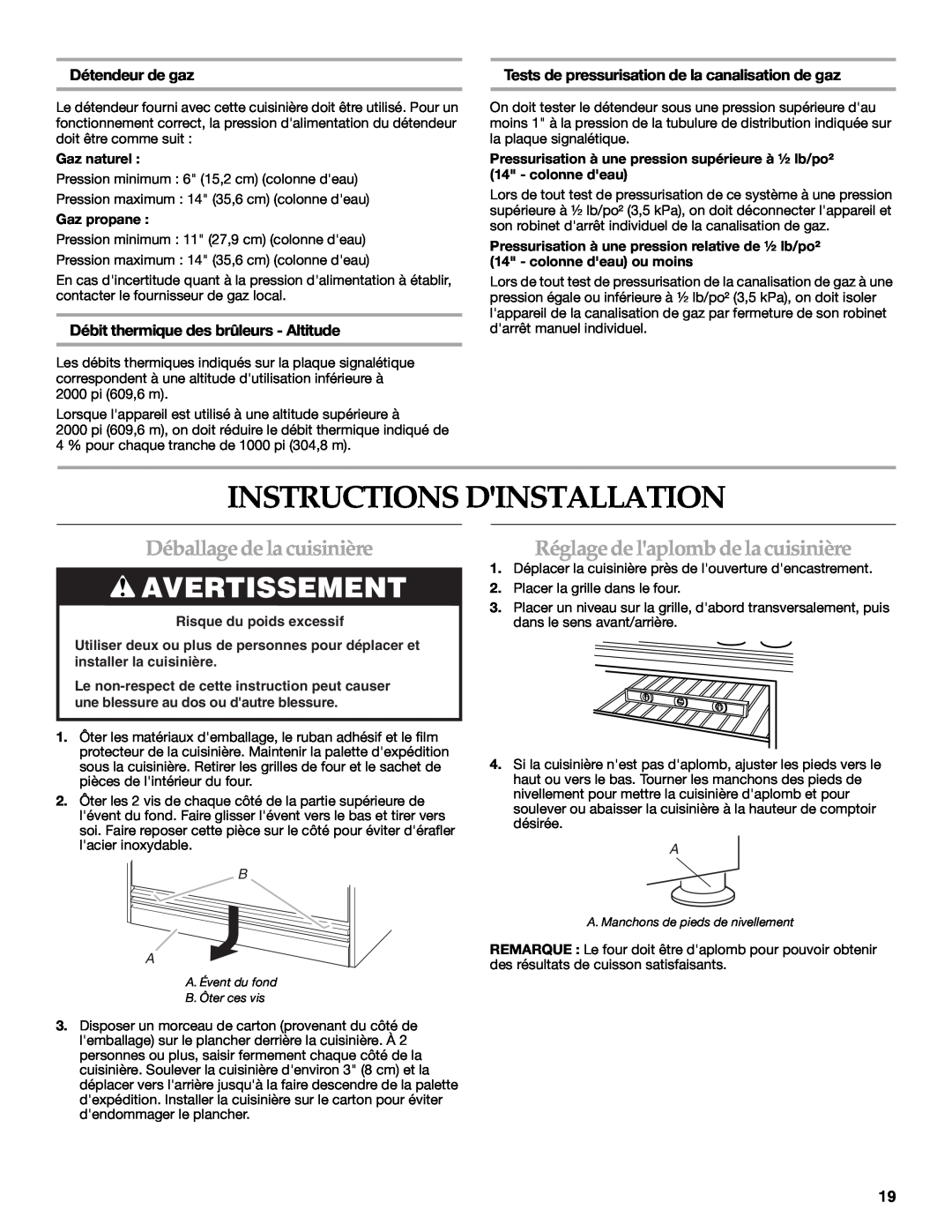 KitchenAid 9759536B Instructions Dinstallation, Déballage de la cuisinière, Réglage de laplomb de la cuisinière 