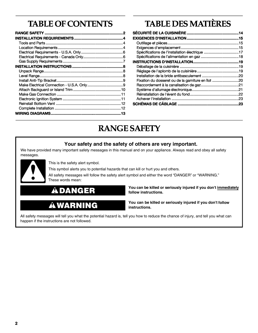 KitchenAid 9759536B Table Des Matières, Range Safety, Danger, Table Of Contents, Installation Requirements 