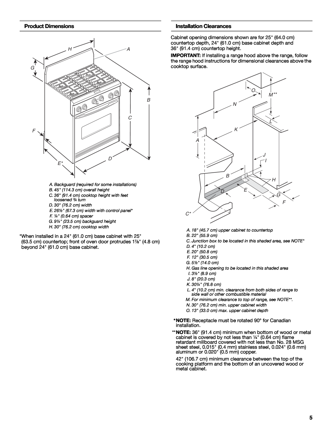 KitchenAid 9759536B Product Dimensions, Installation Clearances, H G F E, A B C D, O M N L K A J I B H, D E C 