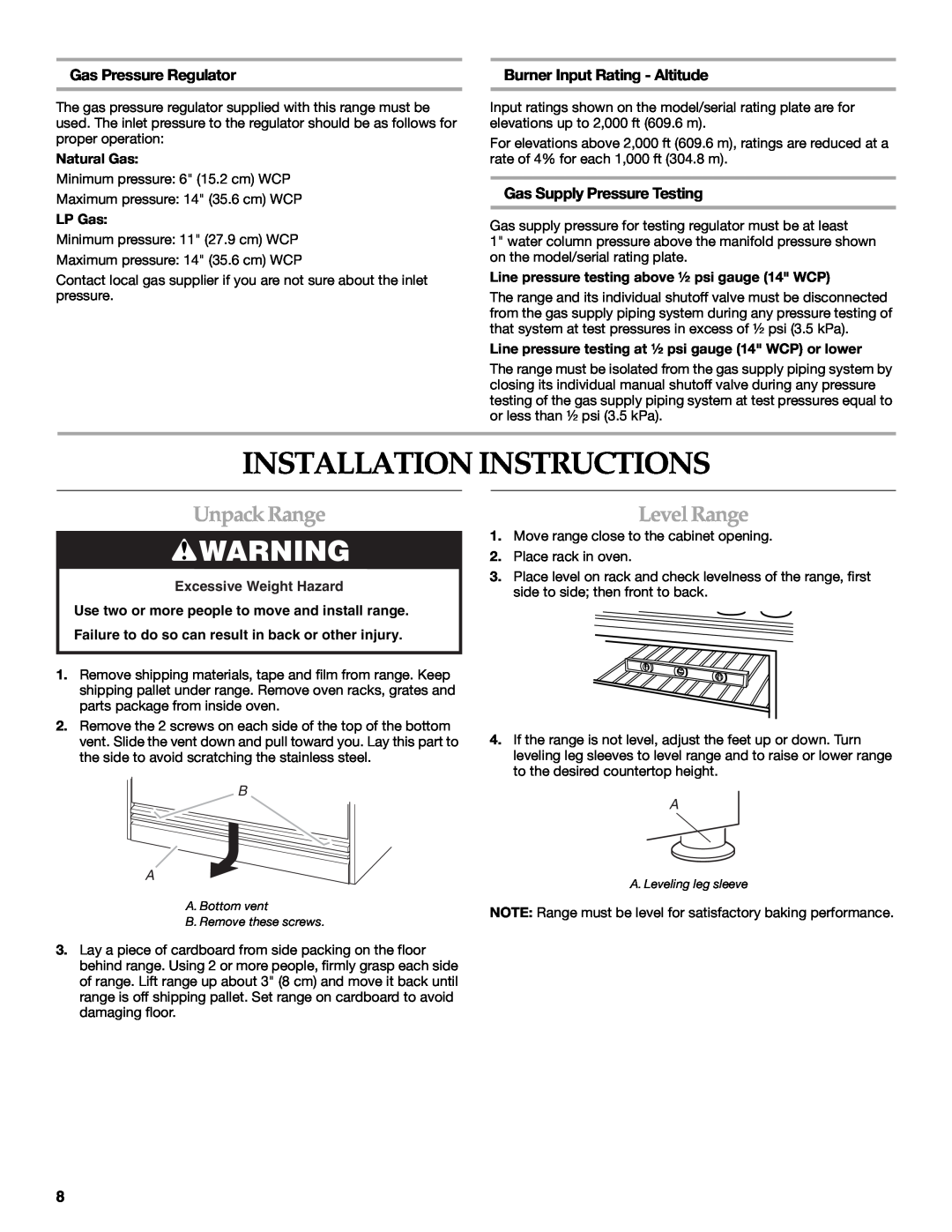 KitchenAid 9759536B Installation Instructions, Unpack Range, Level Range, Gas Pressure Regulator, Natural Gas, LP Gas 