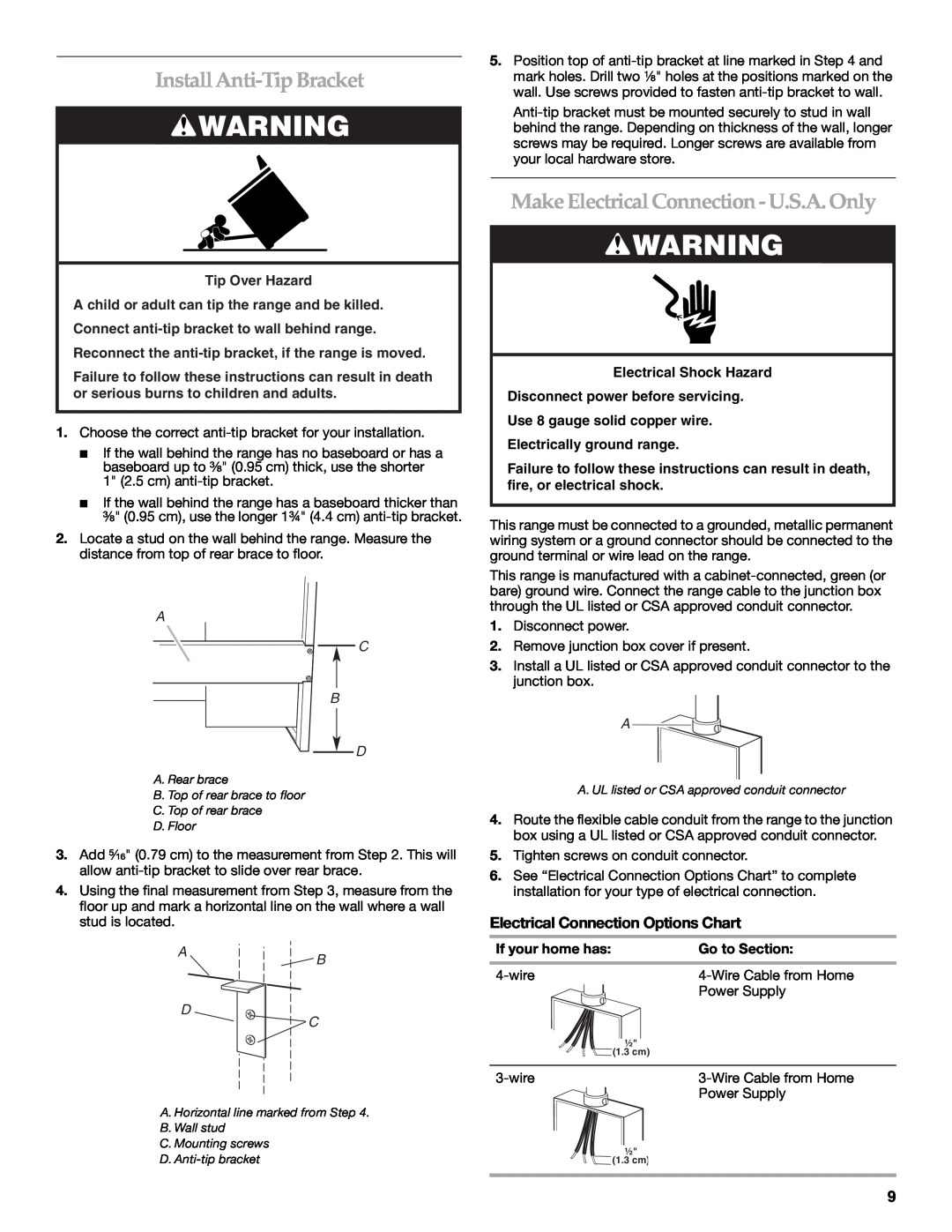 KitchenAid 9759536B Install Anti-Tip Bracket, Make Electrical Connection - U.S.A. Only, A C B D, A B D C, If your home has 