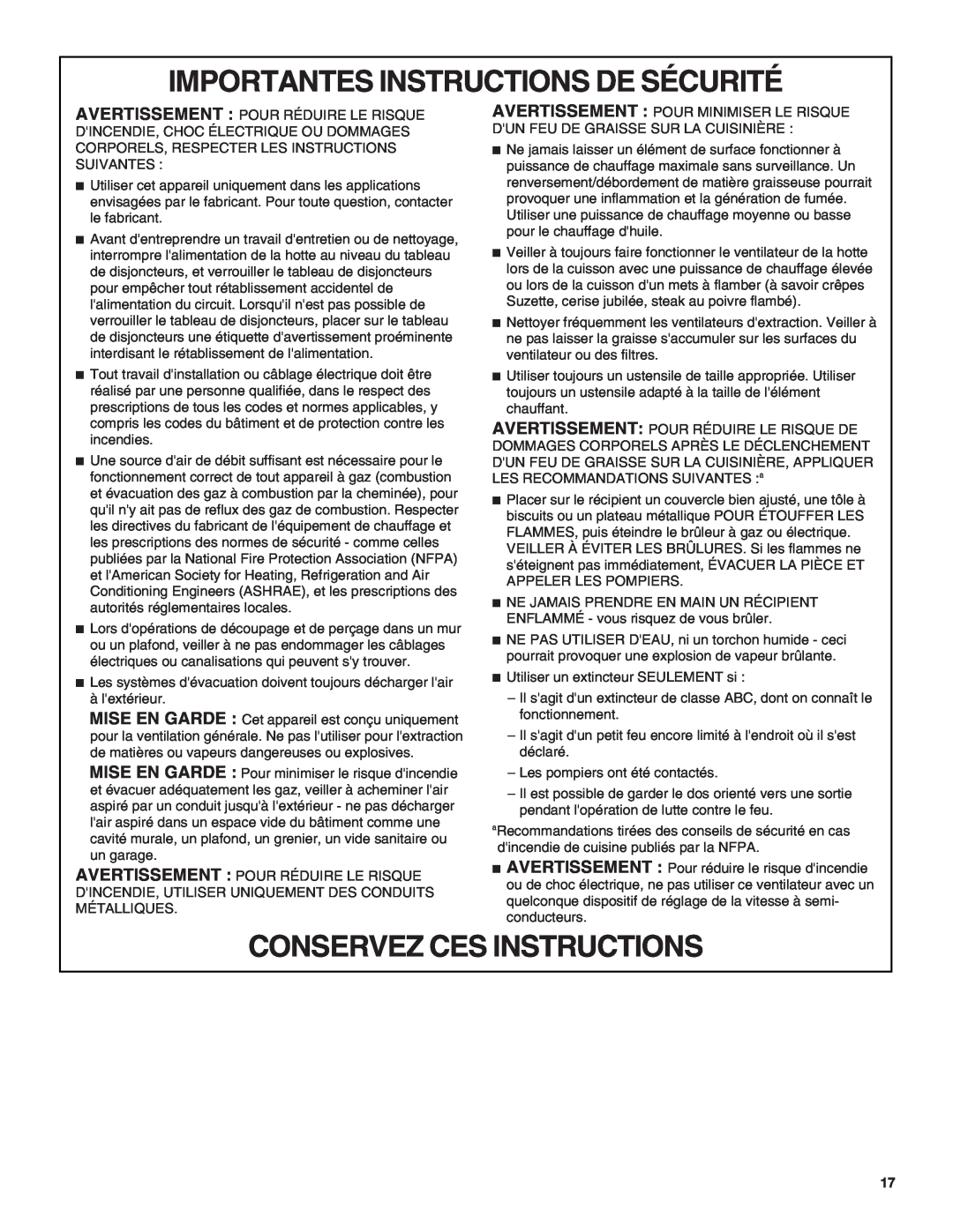 KitchenAid 9760425A installation instructions Importantes Instructions De Sécurité, Conservez Ces Instructions 