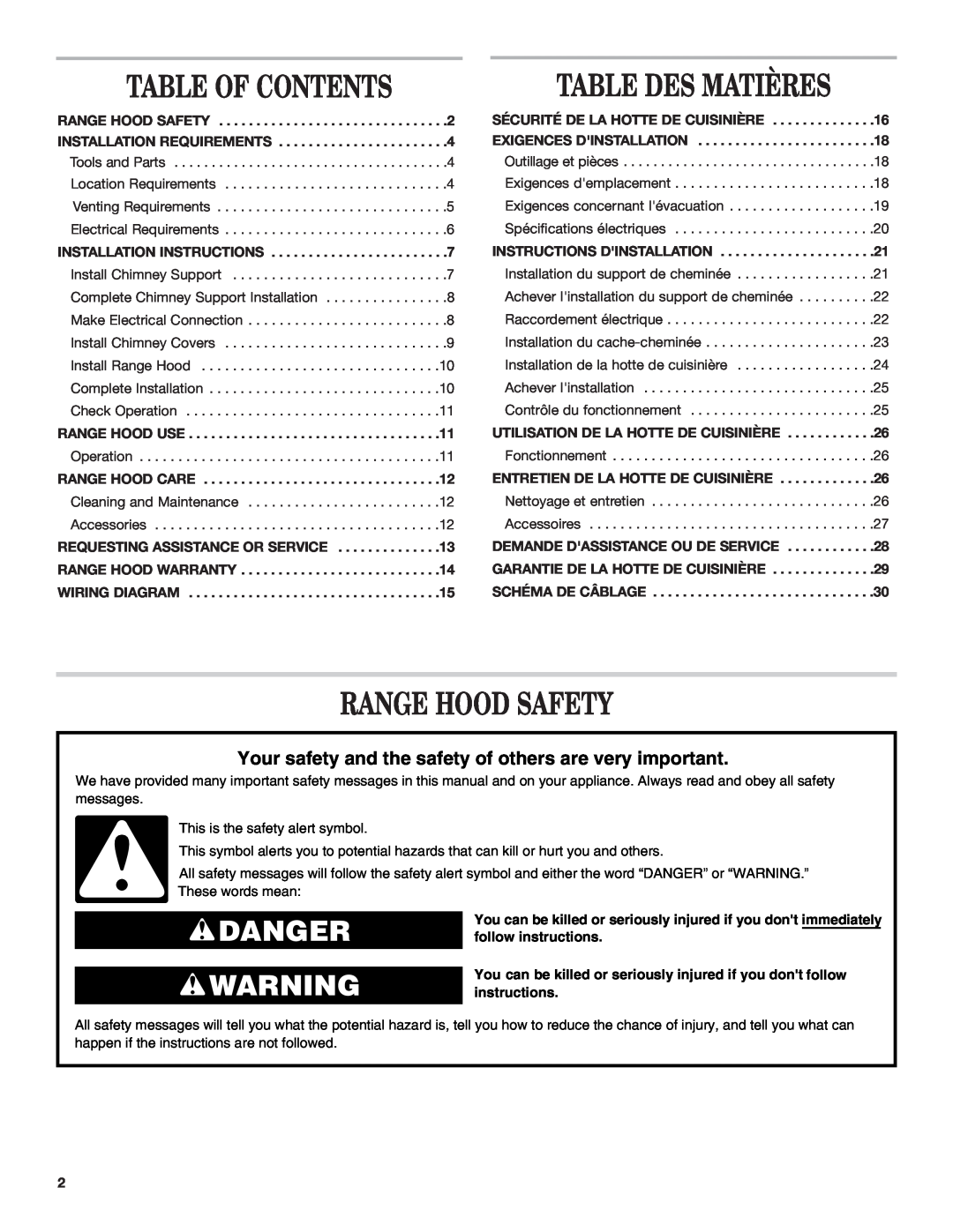 KitchenAid 9760425A Table Of Contents, Table Des Matières, Range Hood Safety, Danger, Installation Instructions 