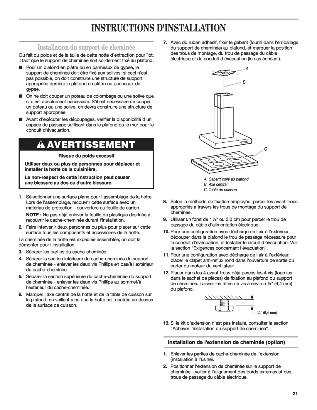 KitchenAid 9760425A Instructions Dinstallation, Installation du support de cheminée, Risque du poids excessif 