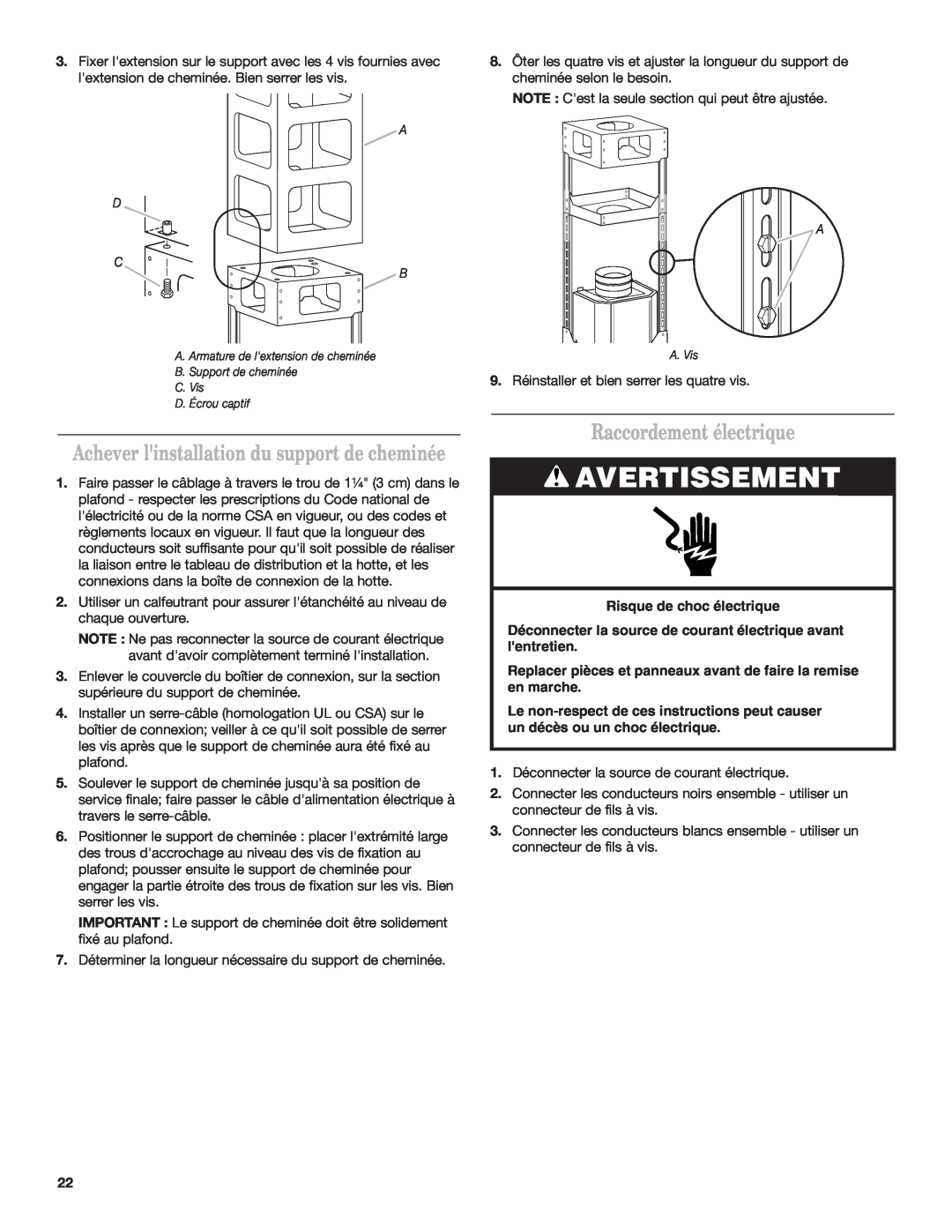 KitchenAid 9760425A Raccordement électrique, Avertissement, Achever linstallation du support de cheminée 