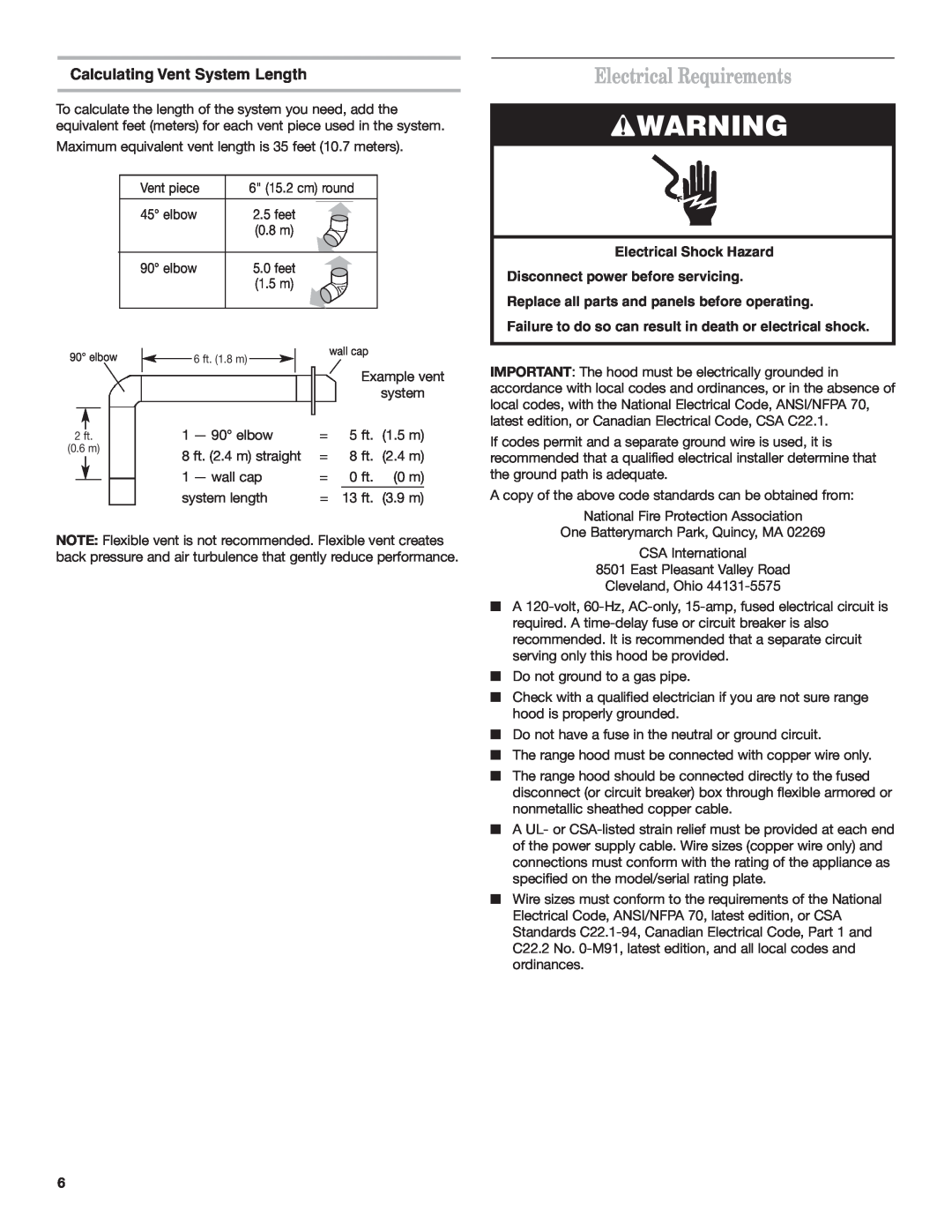 KitchenAid 9760425A Electrical Requirements, Calculating Vent System Length, Replace all parts and panels before operating 