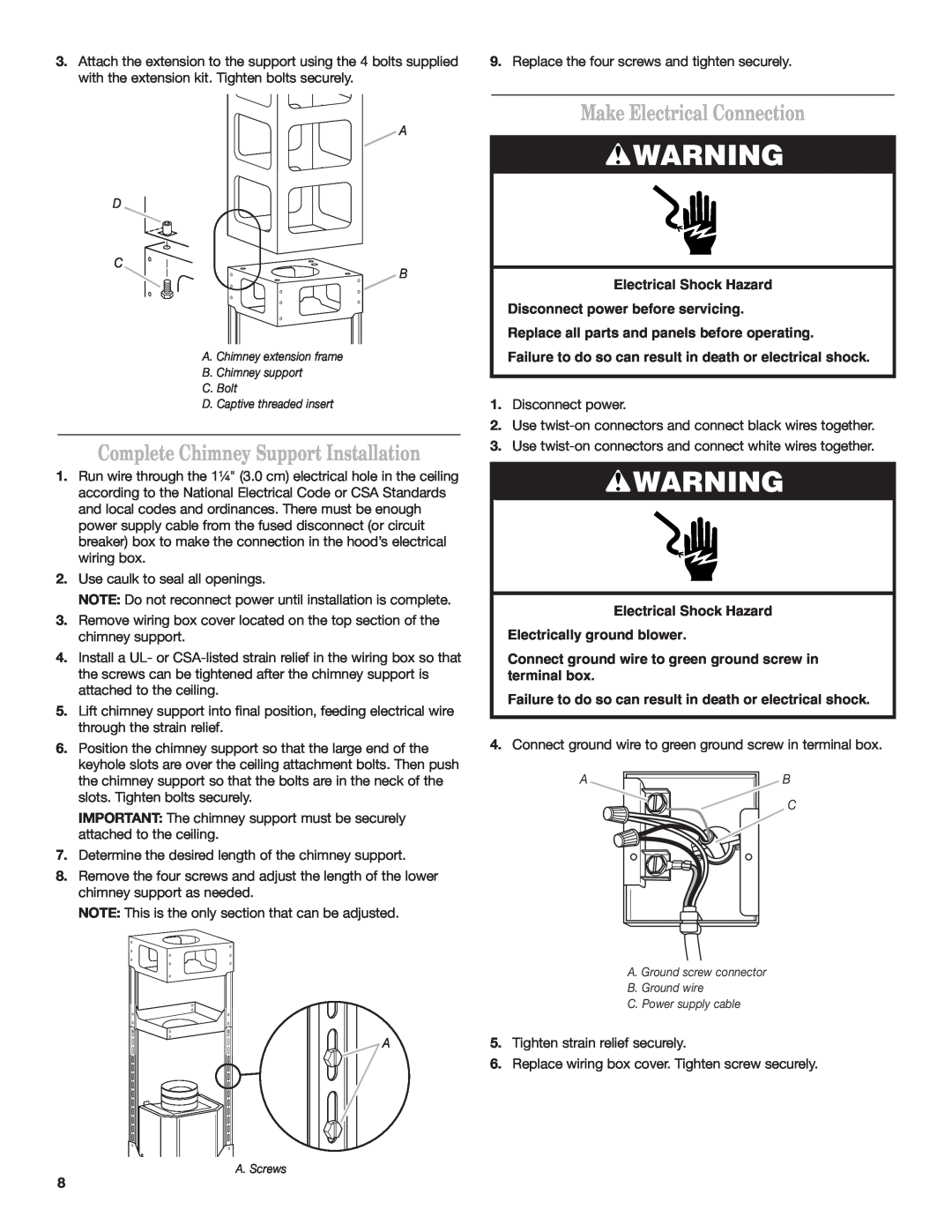 KitchenAid 9760425A Complete Chimney Support Installation, Make Electrical Connection, Tighten strain relief securely 