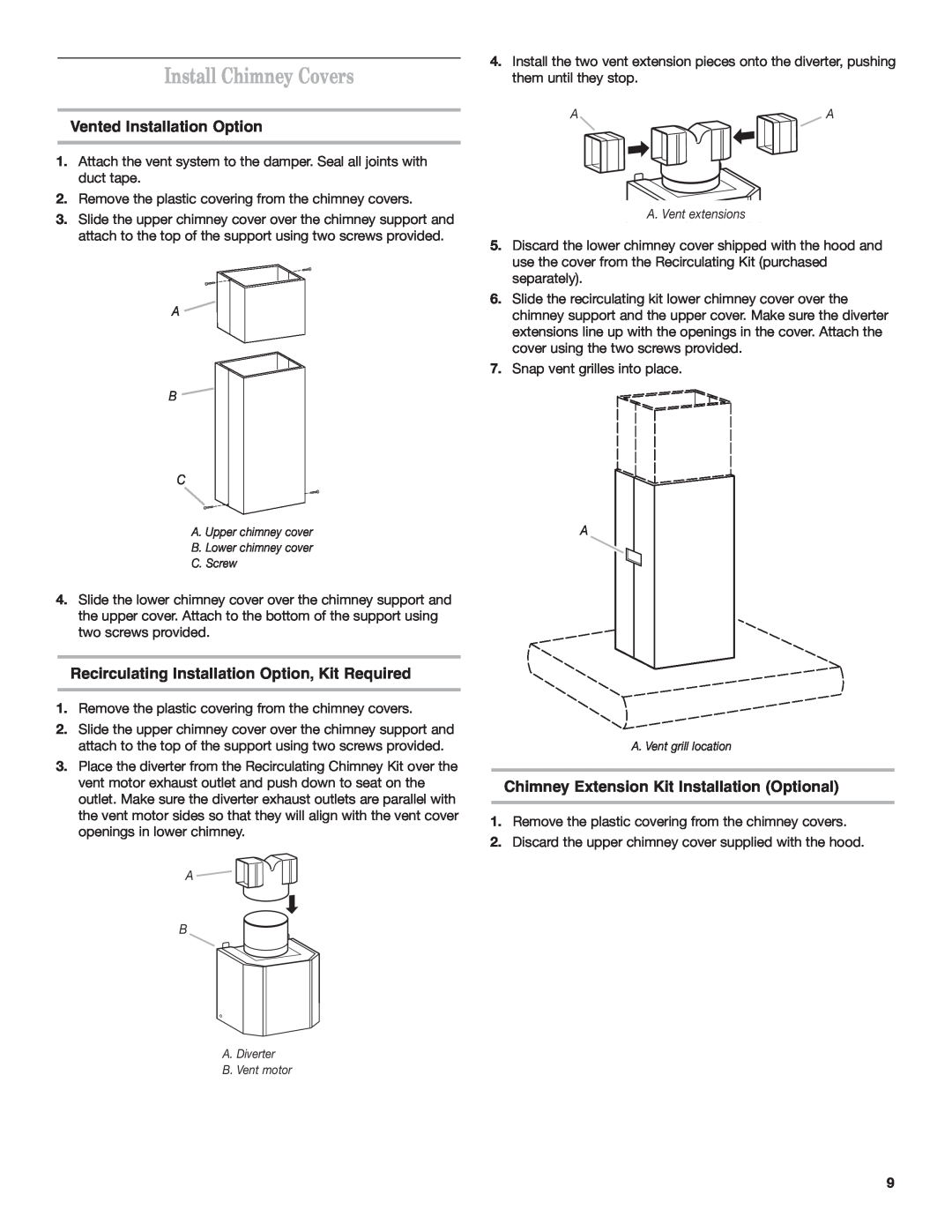 KitchenAid 9760425A Install Chimney Covers, Vented Installation Option, Recirculating Installation Option, Kit Required 