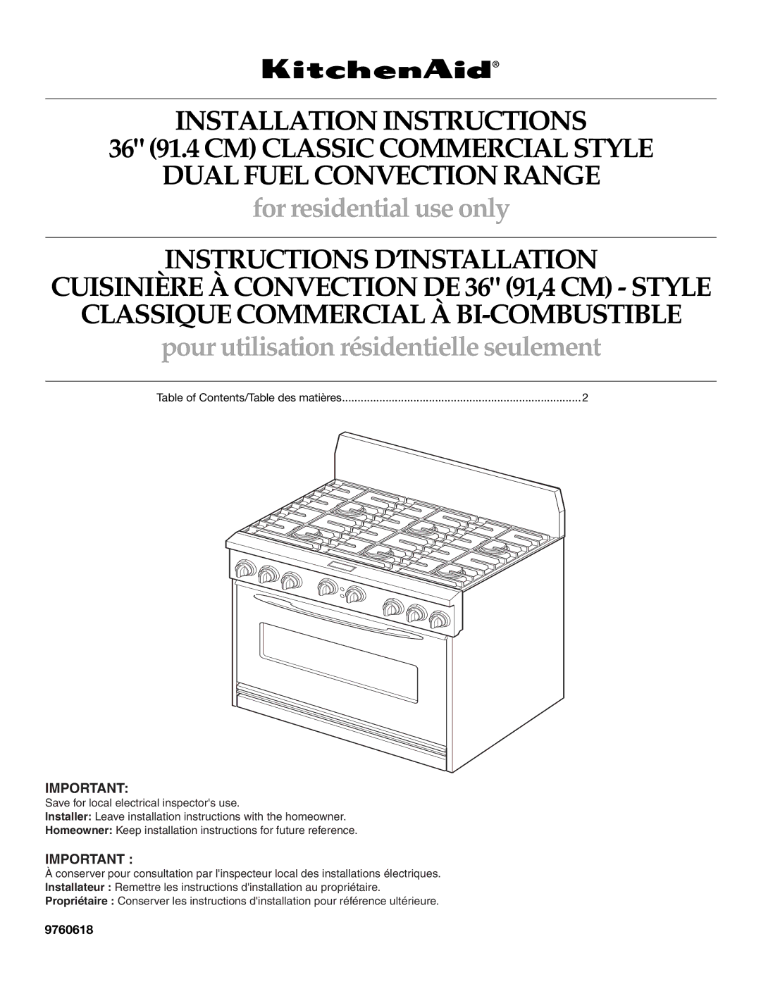 KitchenAid 9760618 installation instructions Pour utilisation résidentielle seulement 