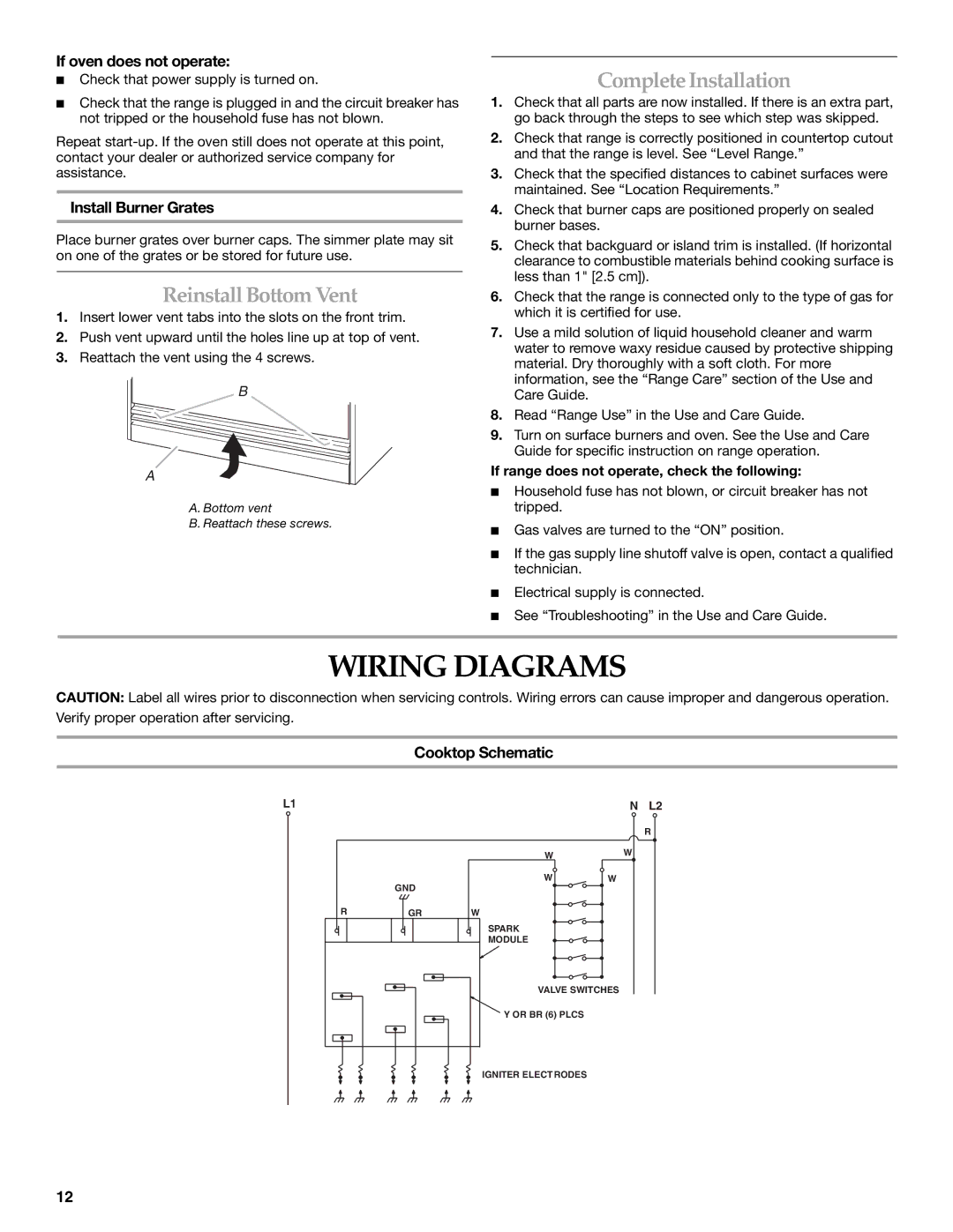 KitchenAid 9760618 installation instructions Wiring Diagrams, Complete Installation, Reinstall Bottom Vent 