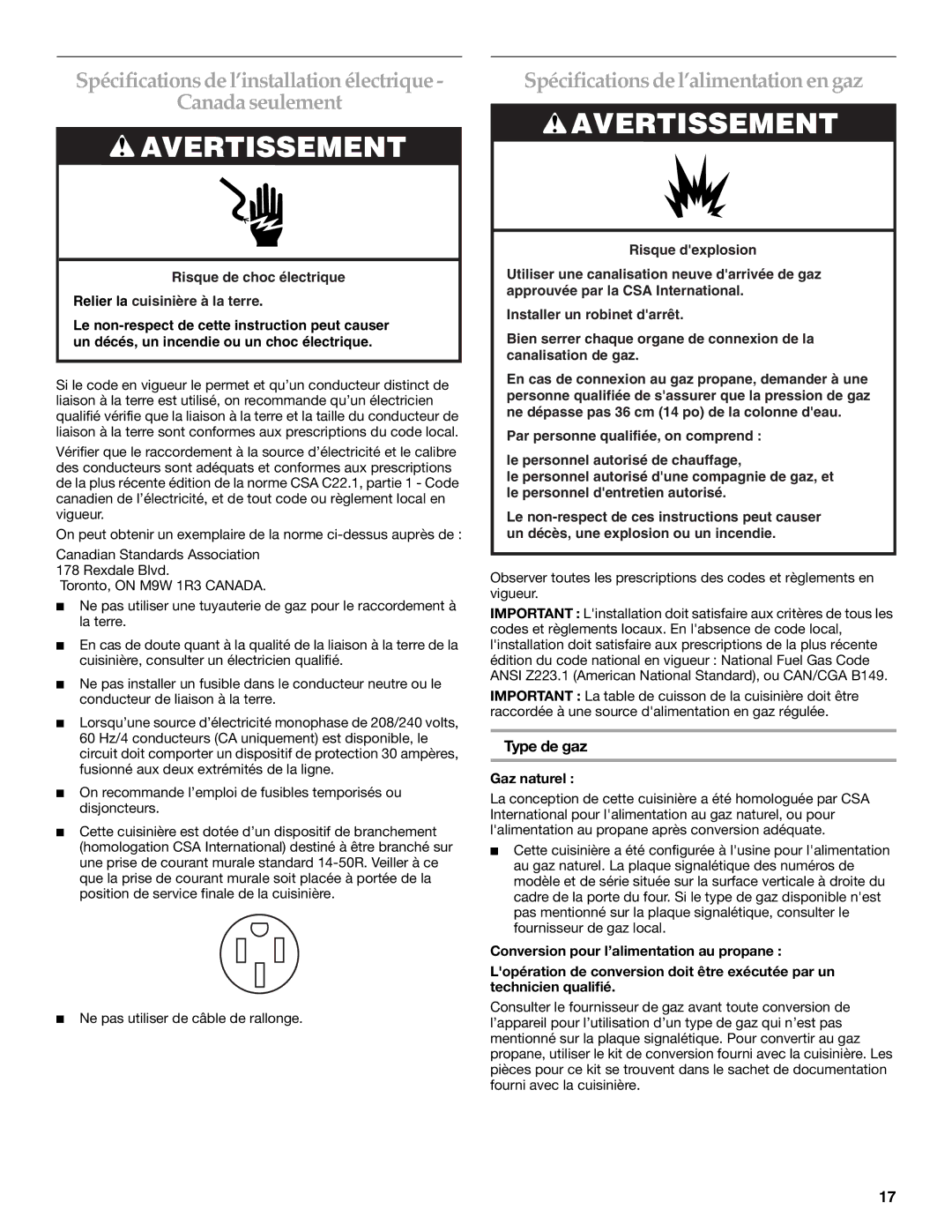 KitchenAid 9760618 installation instructions Spécifications de l’alimentation en gaz, Type de gaz, Gaz naturel 