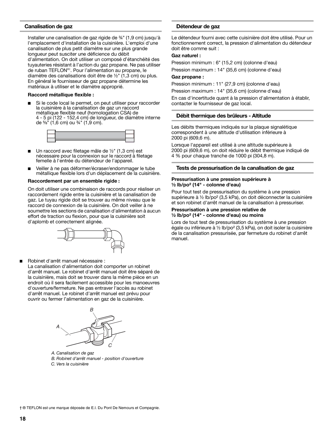 KitchenAid 9760618 installation instructions Canalisation de gaz, Détendeur de gaz, Débit thermique des brûleurs Altitude 