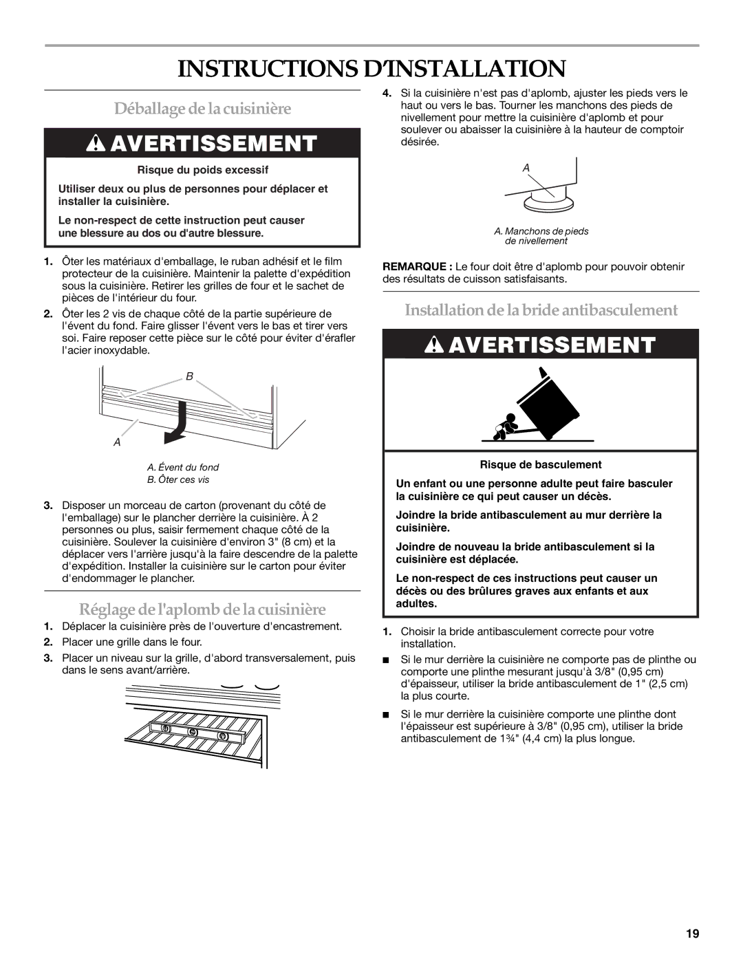 KitchenAid 9760618 Instructions D’INSTALLATION, Déballage de la cuisinière, Réglage de laplomb de la cuisinière 