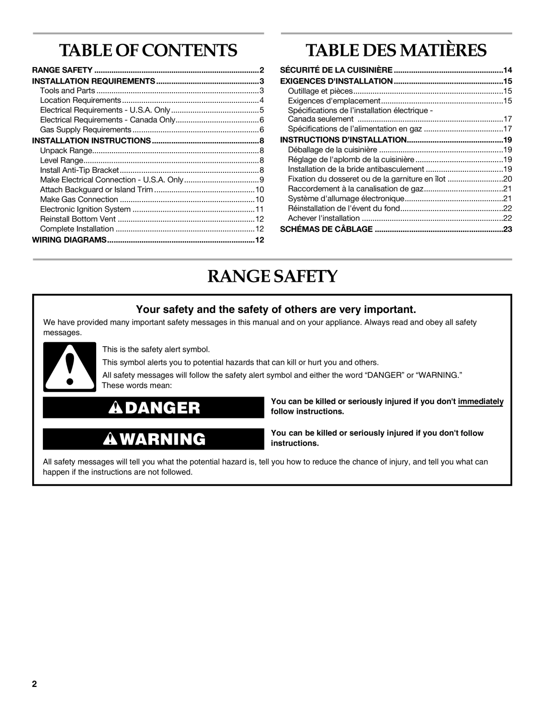 KitchenAid 9760618 installation instructions Range Safety, Table of Contents 