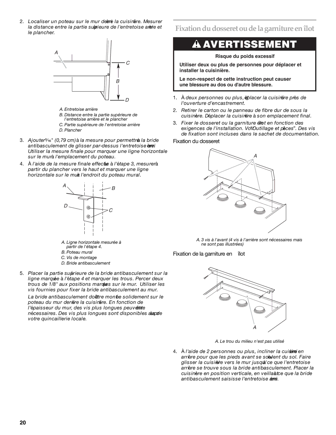 KitchenAid 9760618 Fixation du dosseret ou de la garniture en îlot, Fixation de la garniture en îlot 