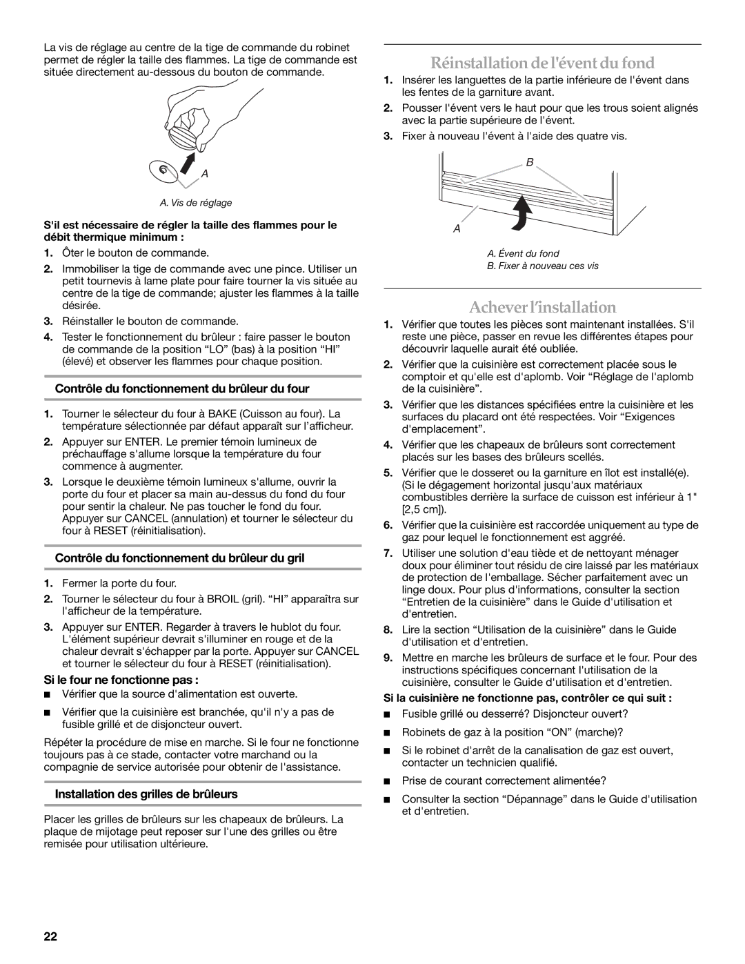 KitchenAid 9760618 installation instructions Réinstallation de lévent du fond, Achever l’installation 