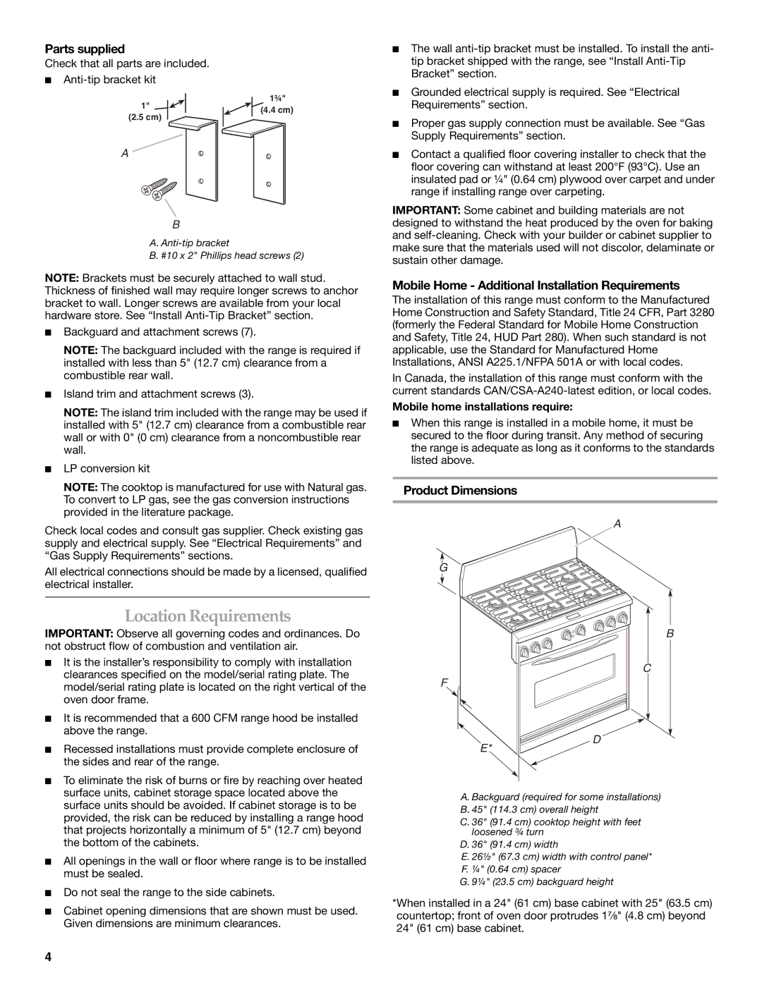 KitchenAid 9760618 Location Requirements, Parts supplied, Mobile Home Additional Installation Requirements 