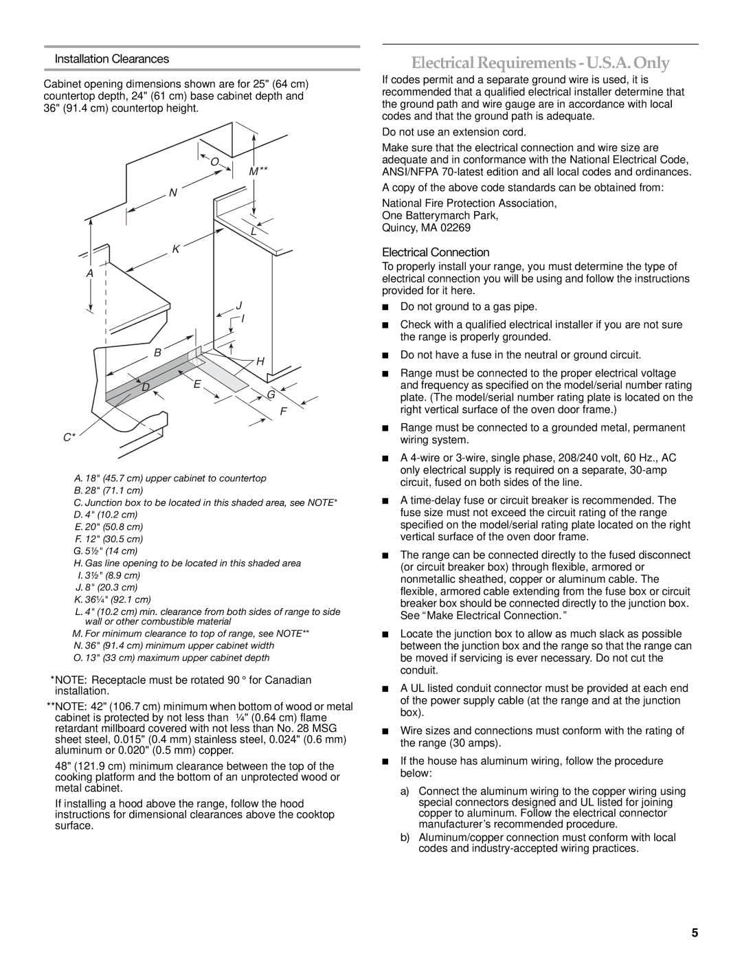 KitchenAid 9760618 Electrical Requirements U.S.A. Only, Installation Clearances, Electrical Connection 