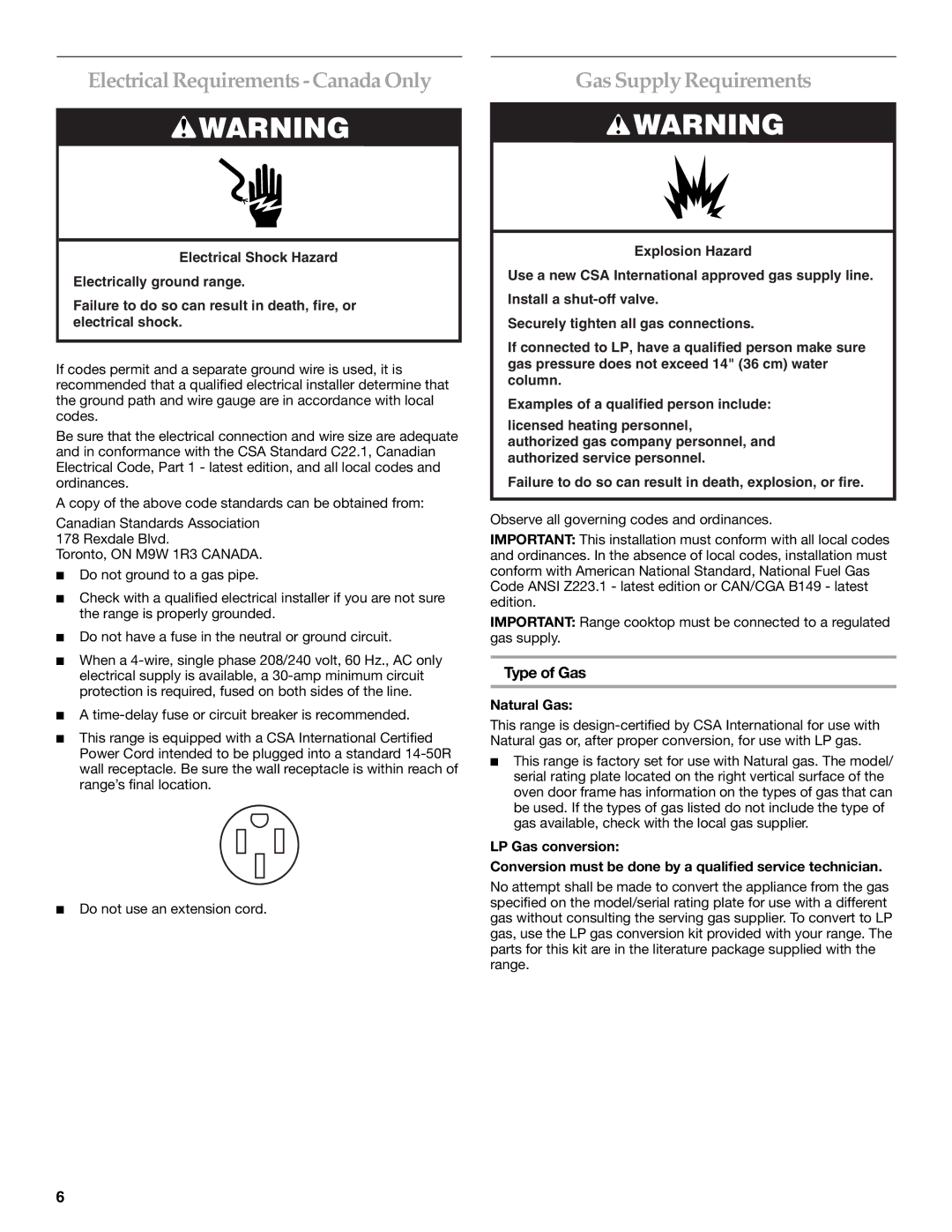 KitchenAid 9760618 Electrical Requirements Canada Only, Gas Supply Requirements, Type of Gas, Natural Gas 