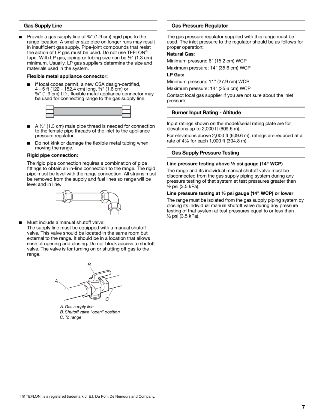 KitchenAid 9760618 Gas Supply Line, Gas Pressure Regulator, Burner Input Rating Altitude, Gas Supply Pressure Testing 