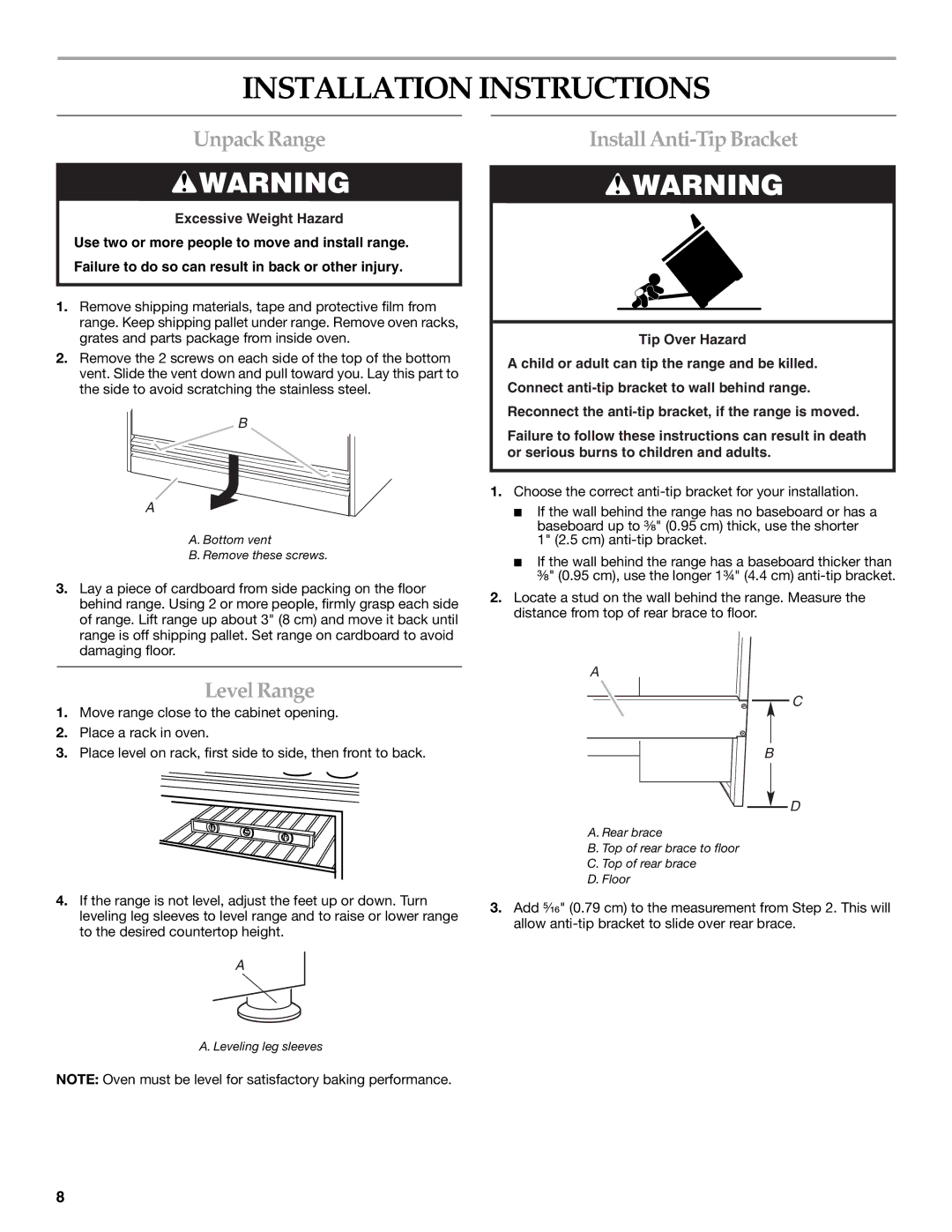 KitchenAid 9760618 installation instructions Installation Instructions, Unpack Range, Level Range, Install Anti-Tip Bracket 