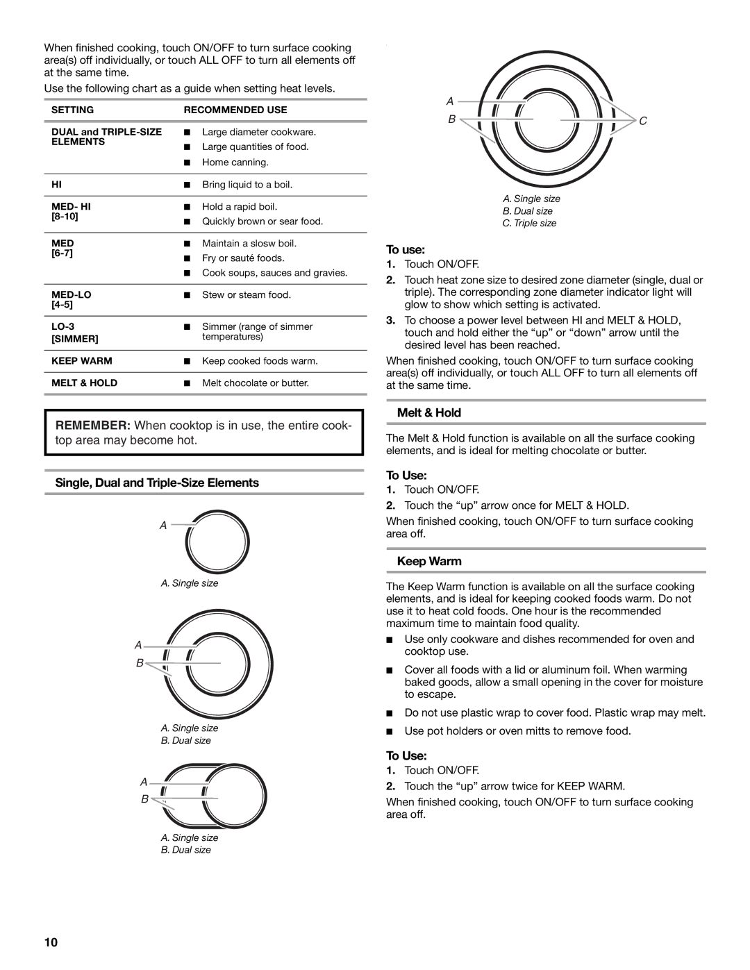 KitchenAid 9762265, KERA807 manual Single, Dual and Triple-Size Elements Melt & Hold, Keep Warm 