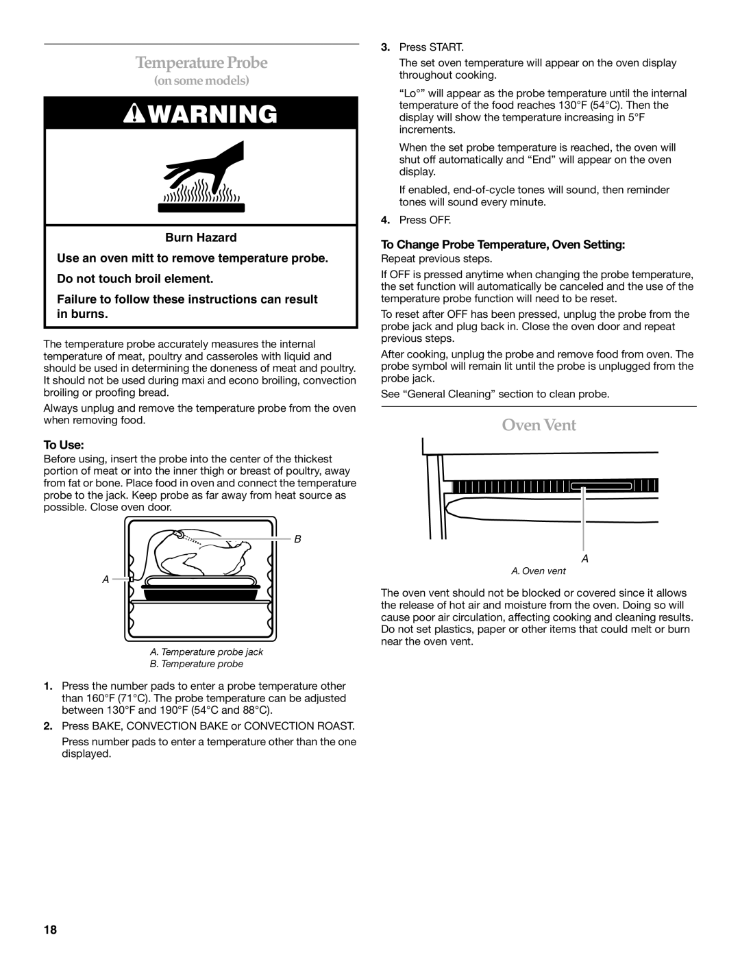 KitchenAid 9762265, KERA807 manual Temperature Probe, Oven Vent, To Change Probe Temperature, Oven Setting 