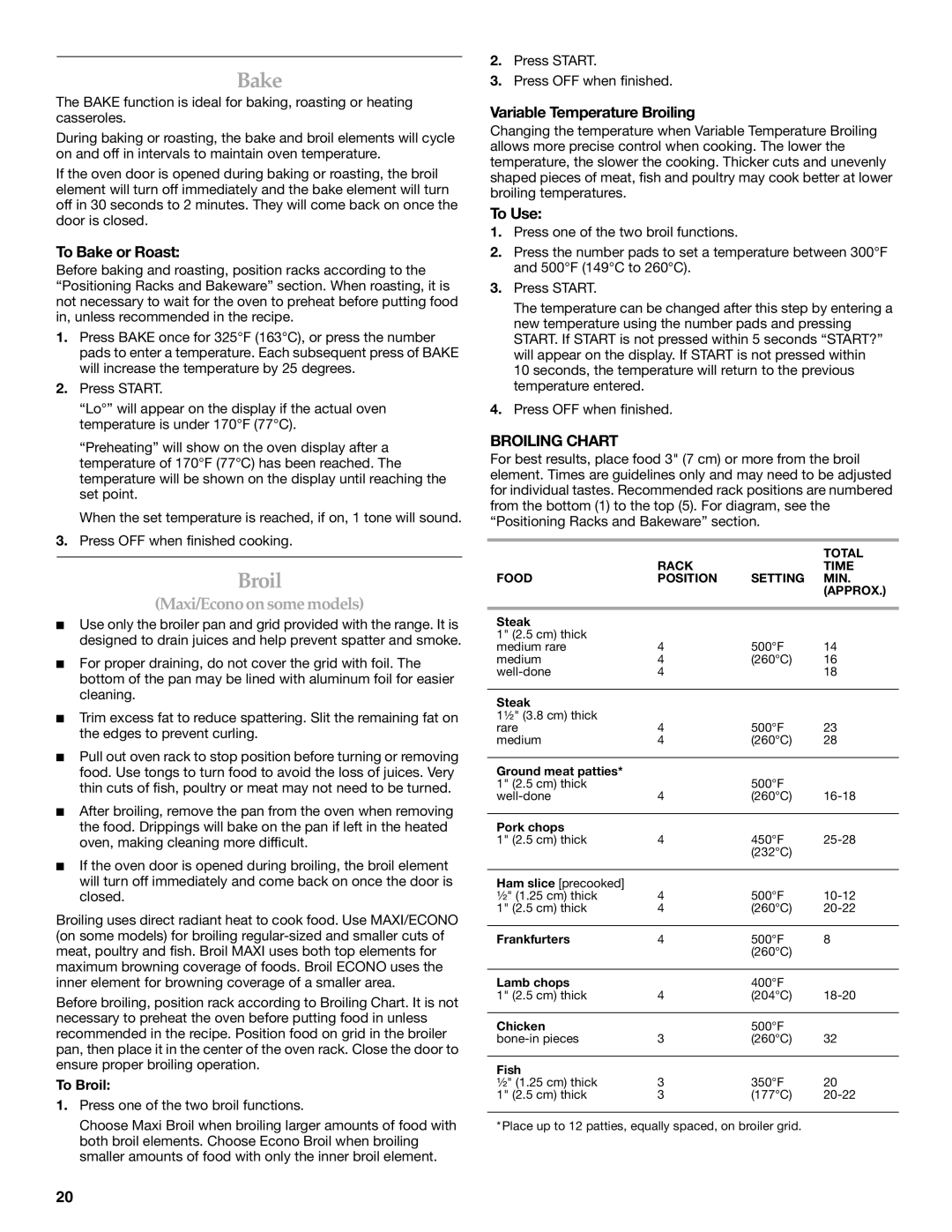 KitchenAid 9762265, KERA807 manual To Bake or Roast, Variable Temperature Broiling, To Broil 