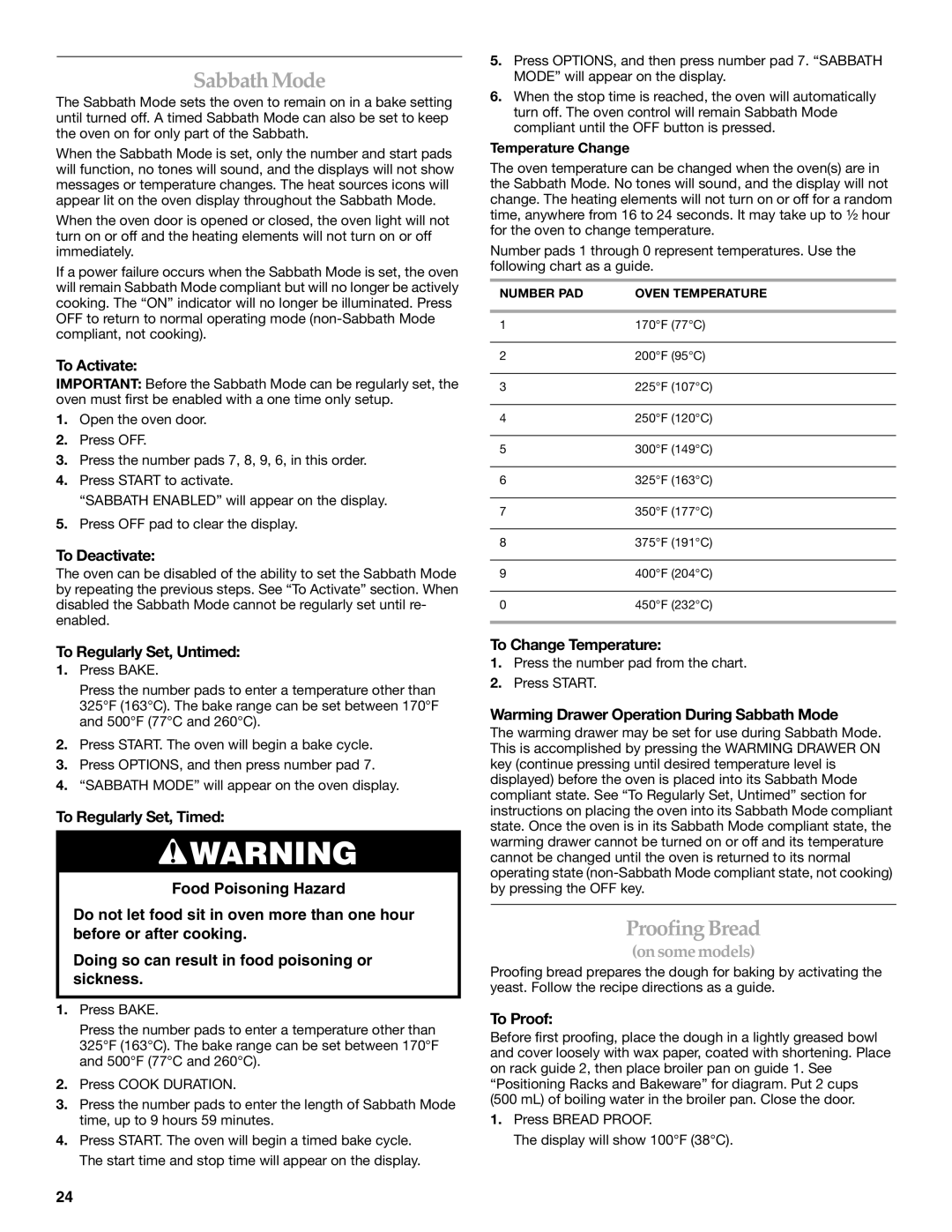 KitchenAid 9762265, KERA807 manual Sabbath Mode, Proofing Bread 