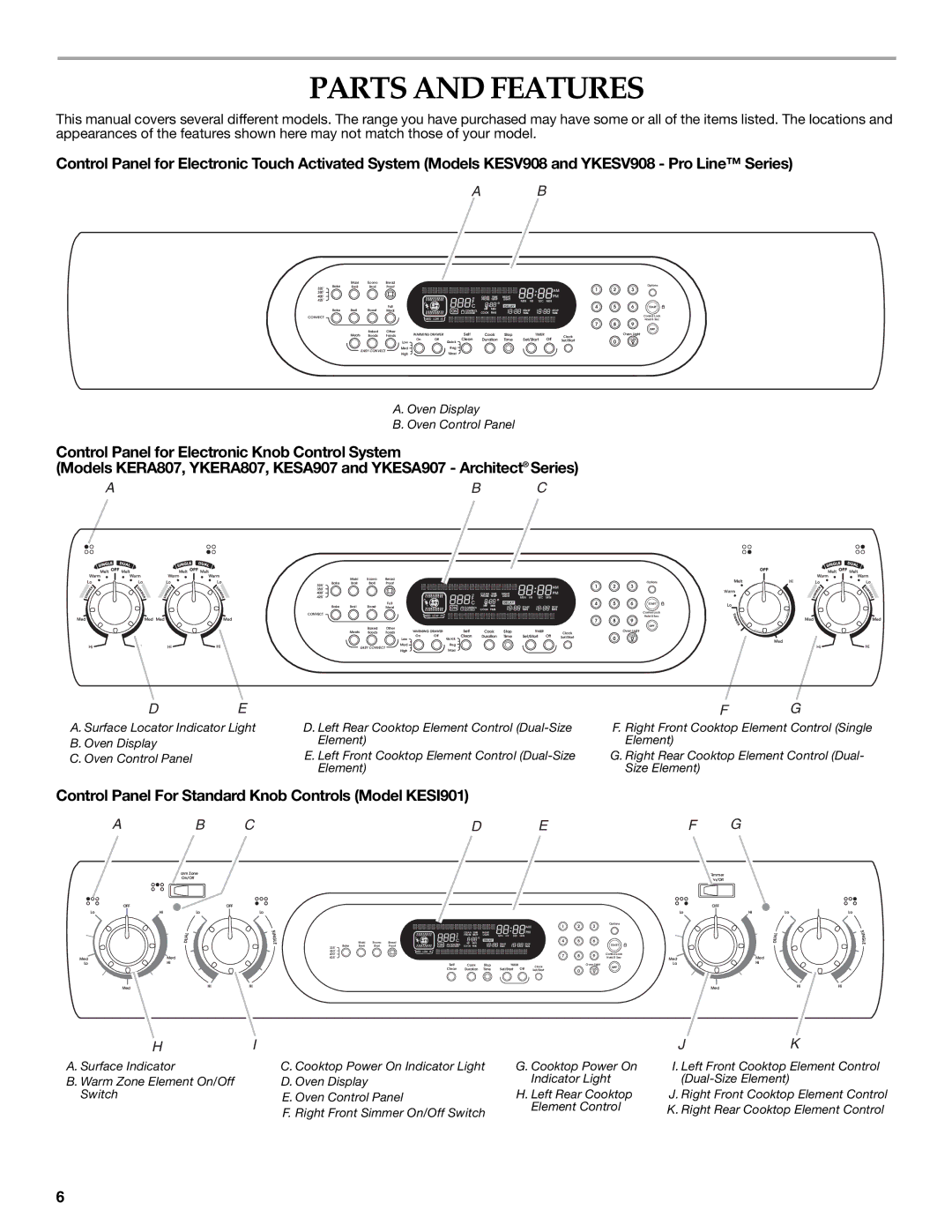 KitchenAid 9762265, KERA807 manual Parts and Features, Control Panel For Standard Knob Controls Model KESI901 