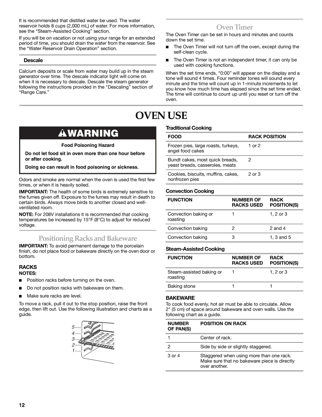 KitchenAid 9762892B manual Oven USE, Oven Timer, Positioning Racks and Bakeware 