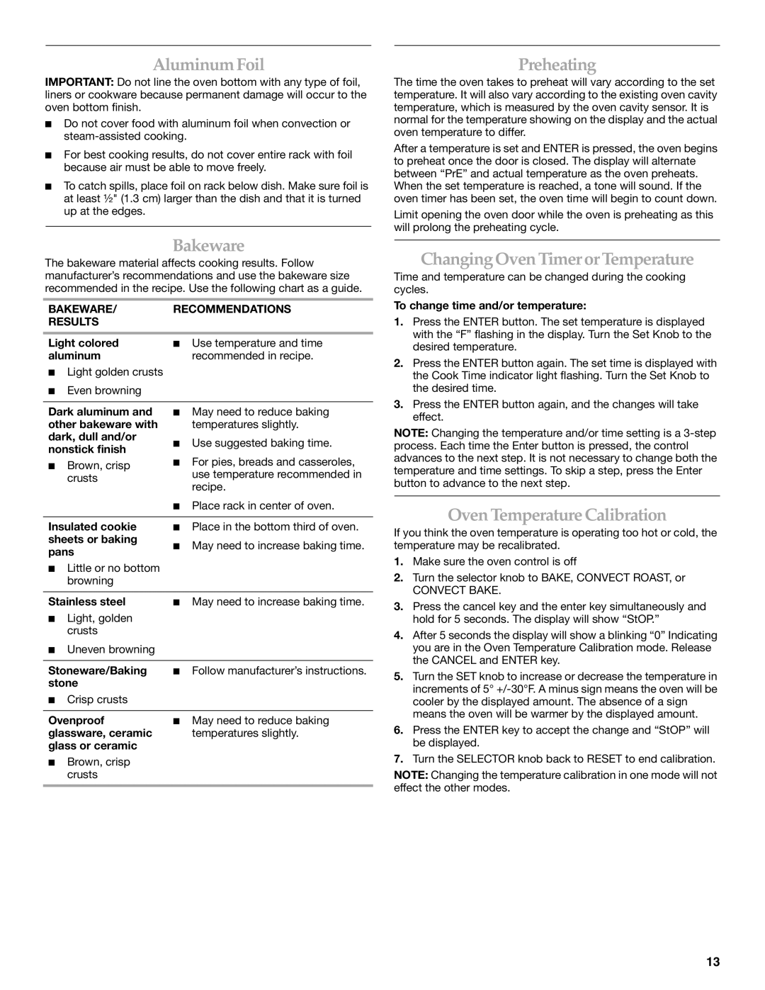 KitchenAid 9762892B AluminumFoil, Bakeware, Preheating, ChangingOven TimerorTemperature, Oven Temperature Calibration 