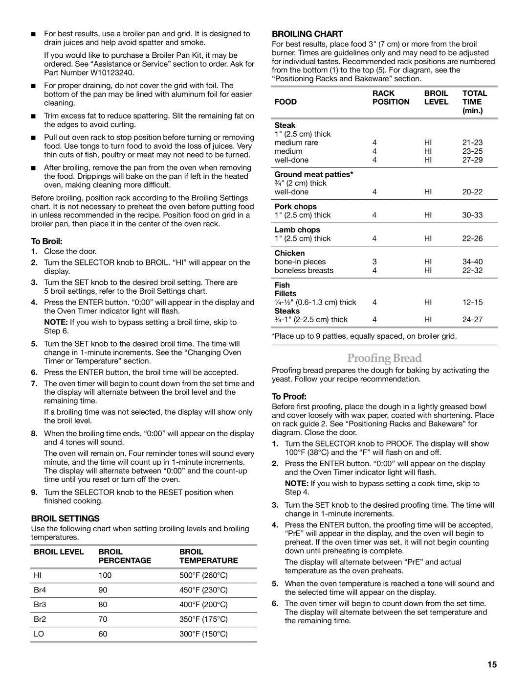 KitchenAid 9762892B manual Proofing Bread, To Broil, Broil Settings, Broiling Chart, To Proof 