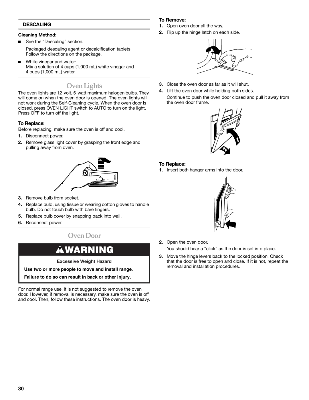 KitchenAid 9762892B manual Oven Lights, Oven Door, Descaling, To Replace, To Remove 