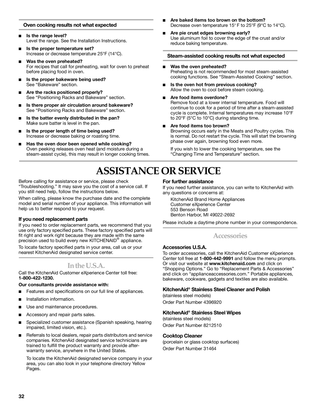 KitchenAid 9762892B manual Assistance or Service, TheU.S.A, Accessories 