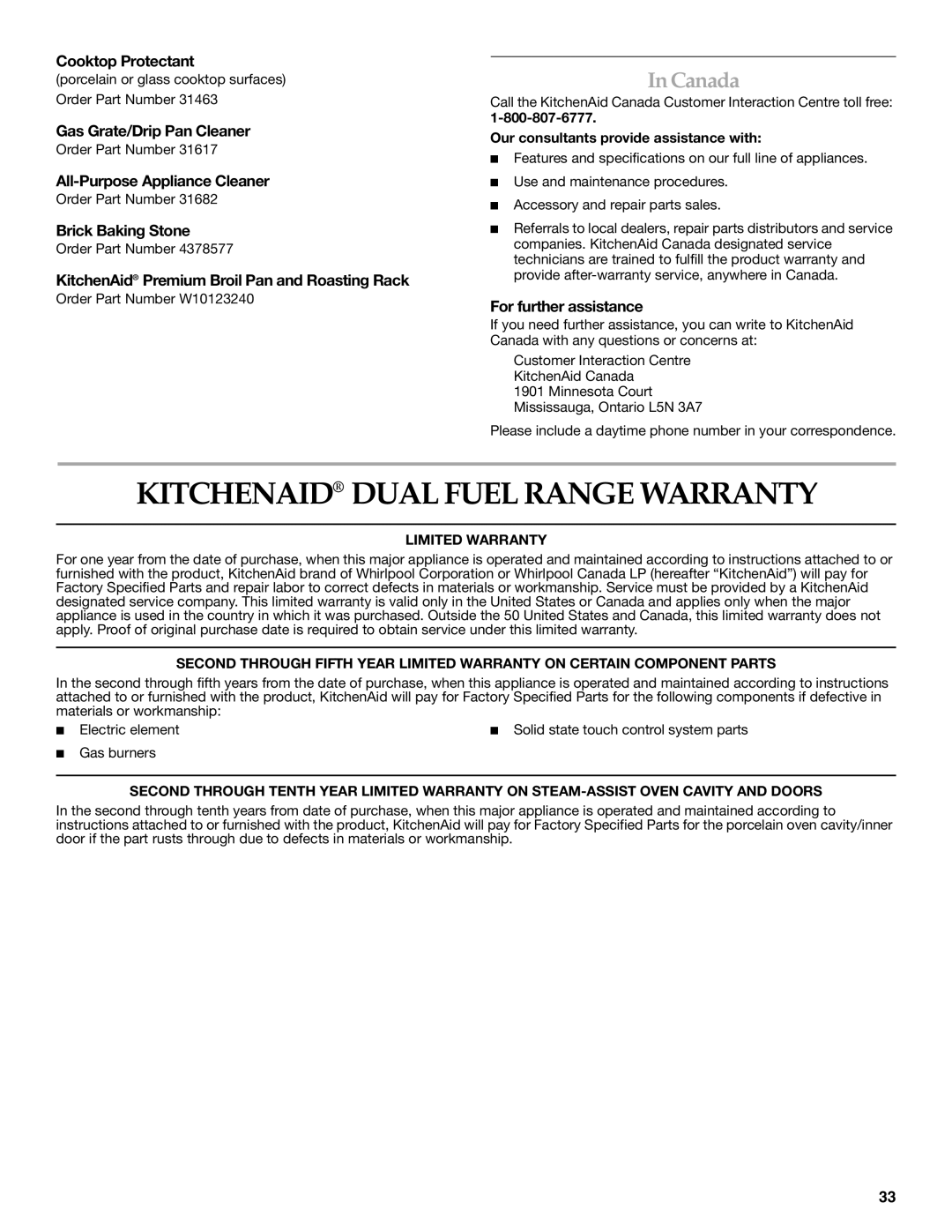 KitchenAid 9762892B manual Kitchenaid Dual Fuel Range Warranty, Canada 