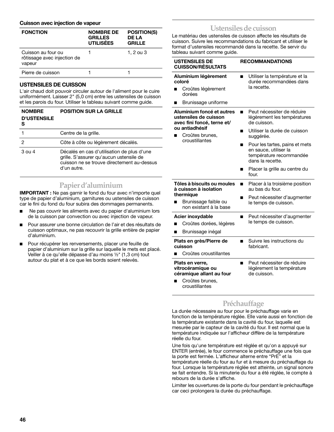 KitchenAid 9762892B manual Papierd’aluminium, Ustensilesdecuisson, Préchauffage, Cuisson avec injection de vapeur 