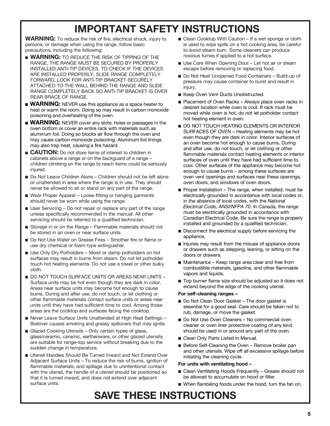 KitchenAid 9762892B manual For self-cleaning ranges, For units with ventilating hood 