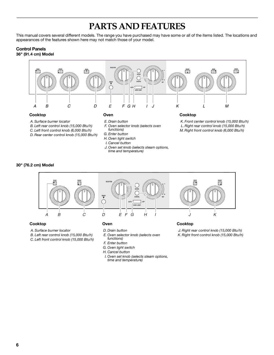 KitchenAid 9762892B manual Parts and Features, Control Panels, 36 91.4 cm Model Cooktop, Oven, 30 76.2 cm Model 